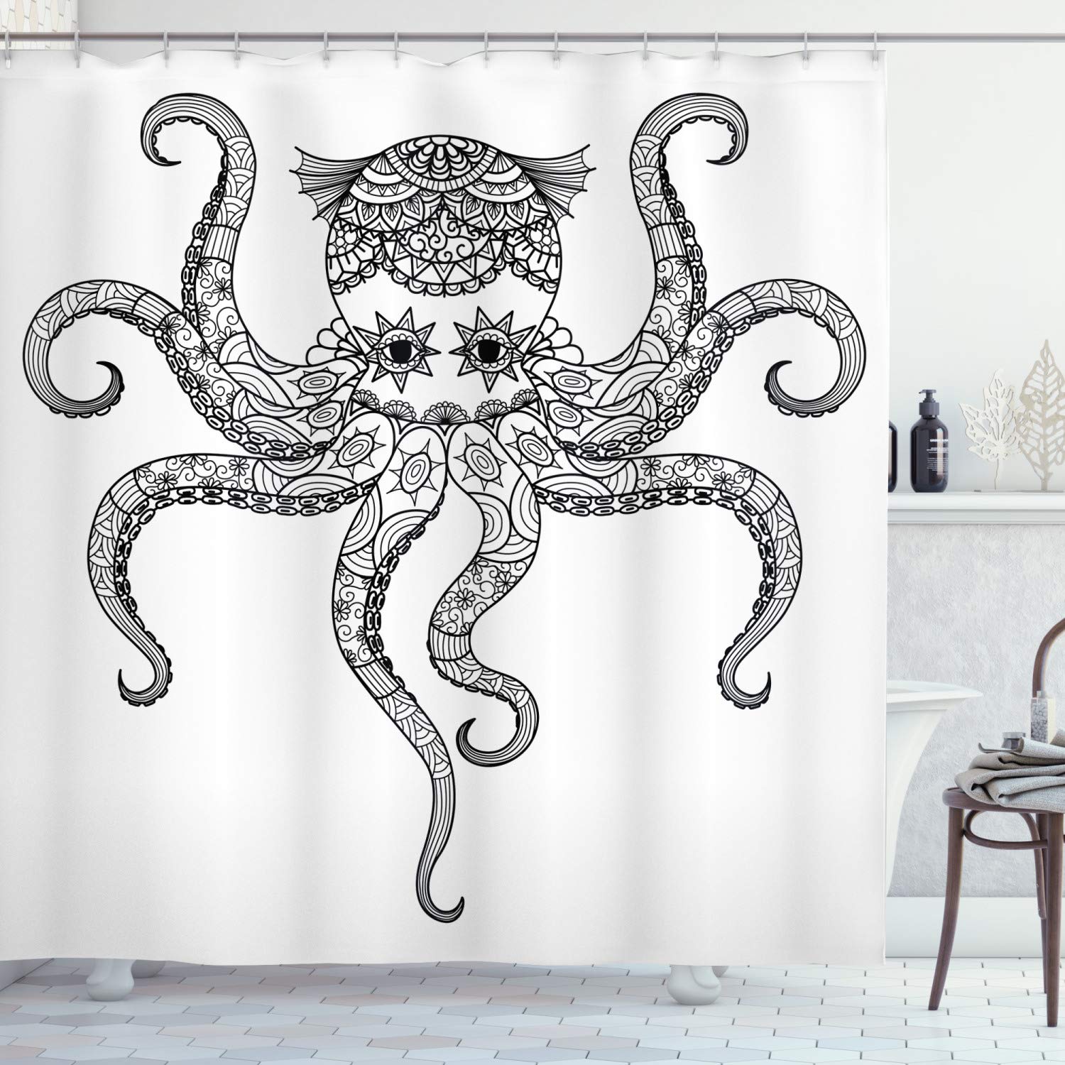 Amazon.com: Ambesonne Cortina de ducha de pulpo, diseño cultural de  mandala, estilo oriental, tela de tela, juego de decoración de baño con  ganchos, 69 pulgadas de ancho x 70 pulgadas de largo,