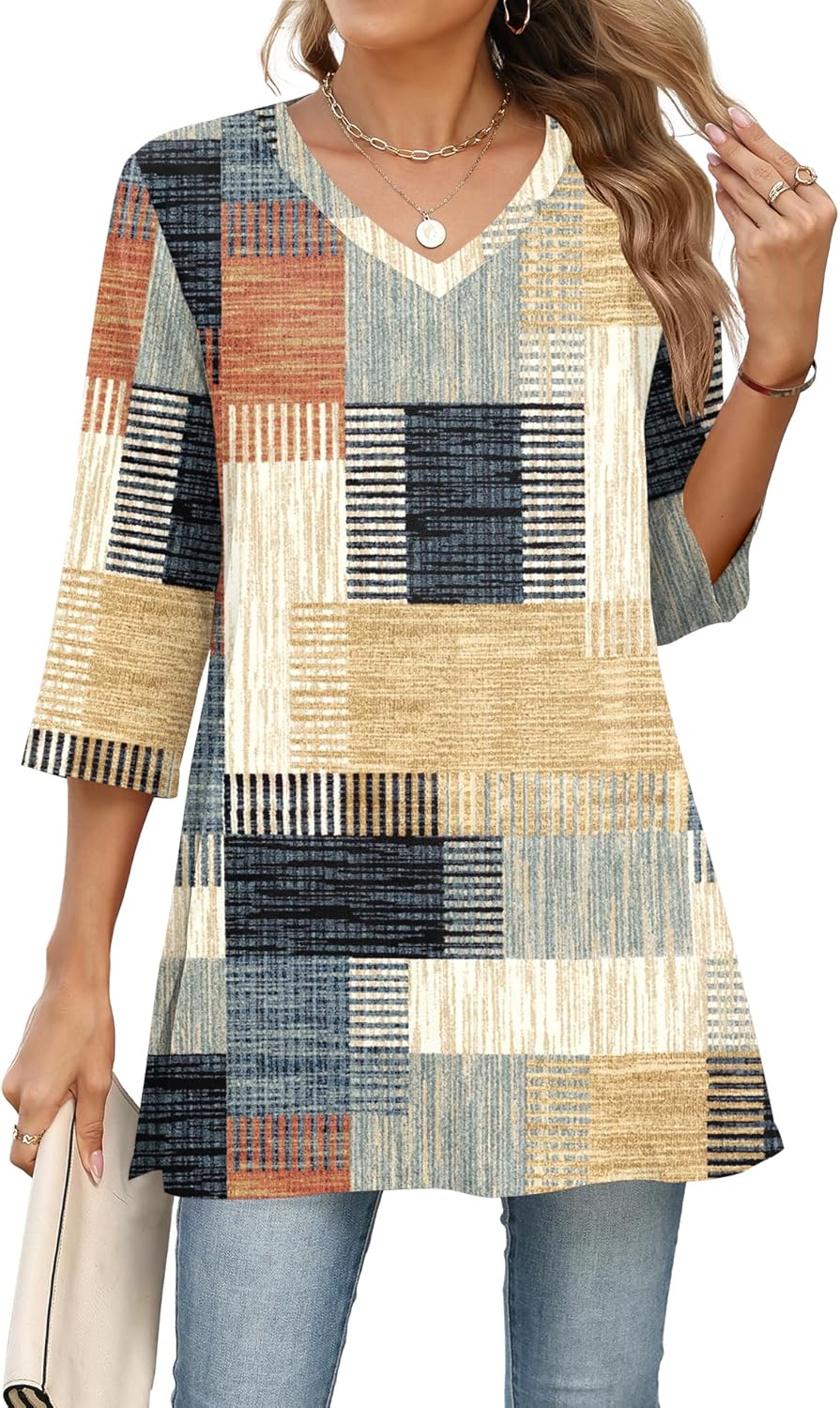 AKEWEI Womens Blouses Casual 3/4 Sleeve Tops for Women V Neck Tunics to Wear with Leggings Swing Flare - Image 2