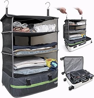 Stow-N-Go Portable Hanging Travel Shelves, Packing Organizer for Luggage. Carry on Closet for Clothes. Expandable Packing Cube. Travel Essentials. Dak Gray - XL