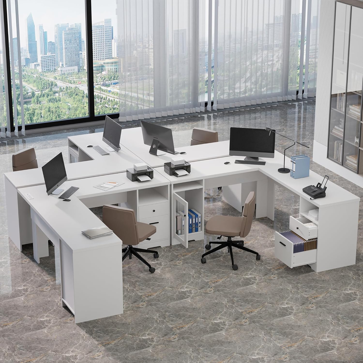 MU L Shaped Desk with File Cabinet, Corner Computer Desk with Storage Drawers, Large Home Office Table with Power Outlets, 60 Inch (White)