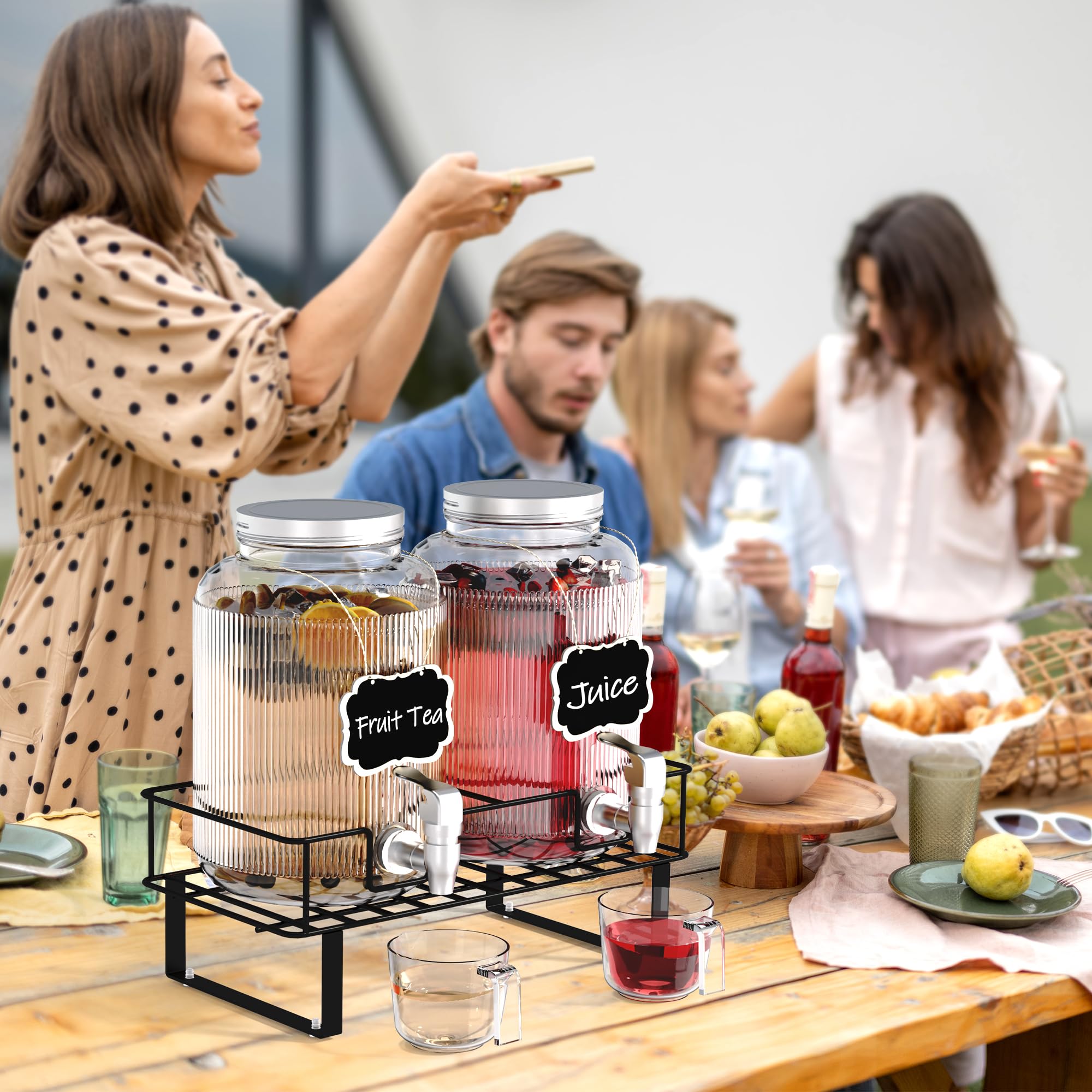 Dispensador de bebidas de vidrio con grifo, dispensador de bebidas de 4 litros con soporte de metal, dispensador de agua para zumos, té helado, cócteles, fiestas, bodas