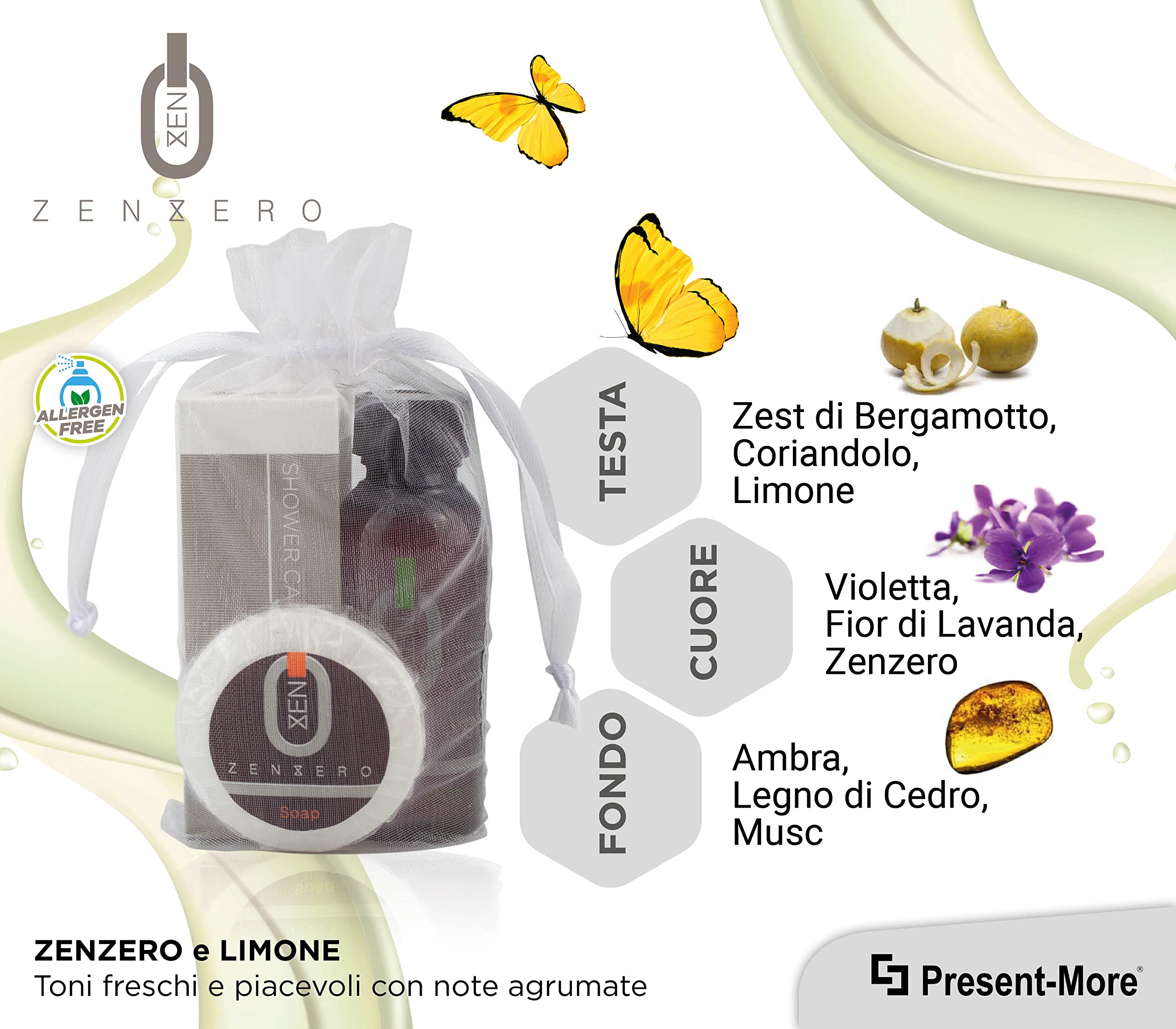 Present-More Amenities Kit Zenzero - Prestige Kit Toilettenartikel 100 Gäste für Hotels und B&B | Allergenfreie Amenities Kit mit Duftnote Ingwer und Zitrone