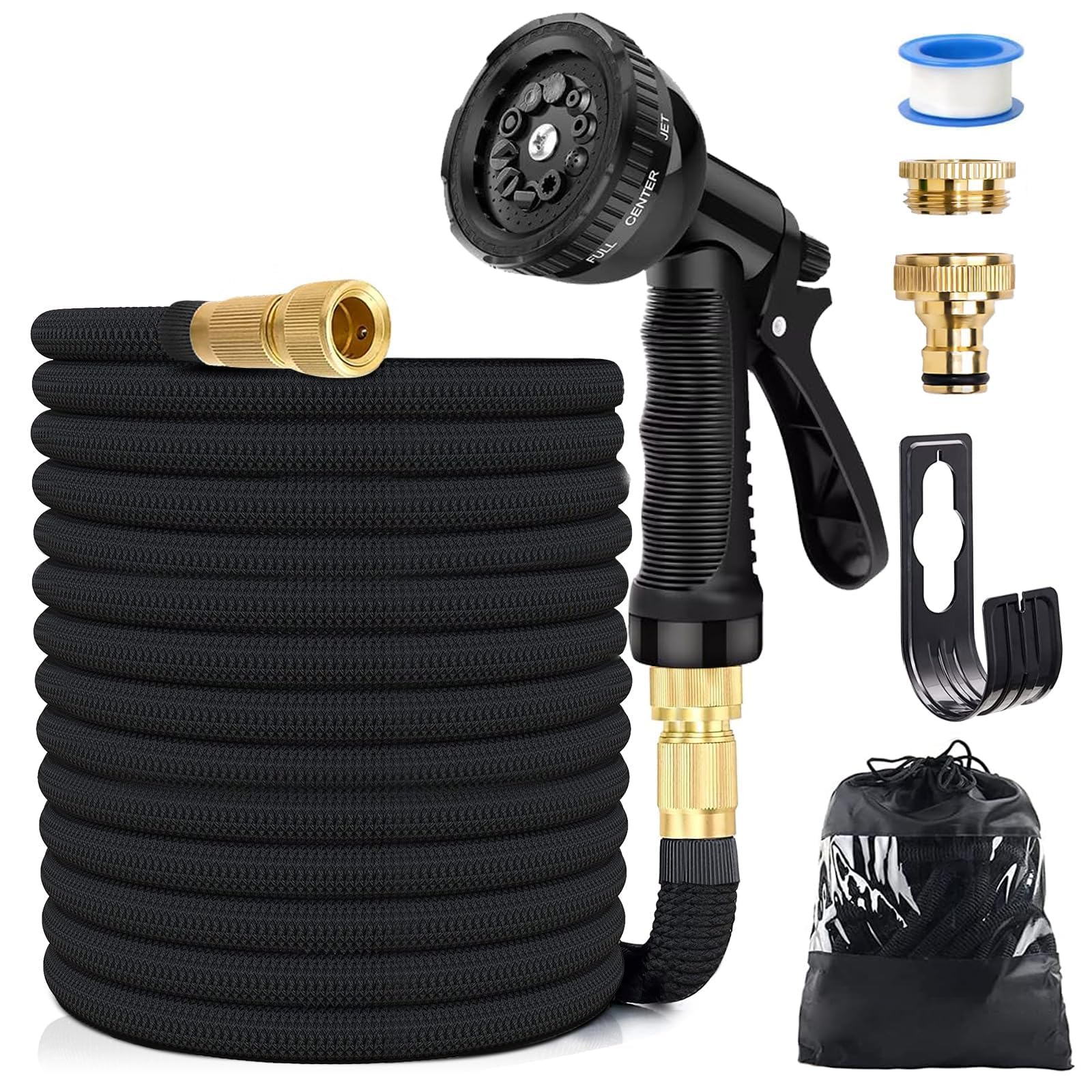 15M/50FT Flexibler Gartenschlauch, Wasserschlauch Dehnbar mit 8 Modi Wassersprühpistole, Adapter für 1/2' 3/4' Zoll und Wandhalterung, Schlauch Flexibel Bewässerung für den Außenbereich - 2