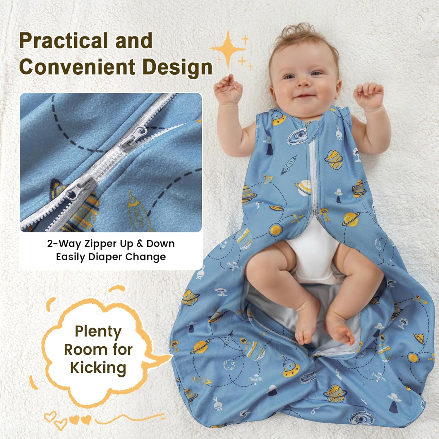 PHF 3 Pack Warm Micro-Fleece Baby Sleep Sack 0-6 Months, Soft Baby Wearable Blanket, 2-Way Zipper Sleeping Bags, Comfy Toddler Sleeping Sack for Boys, Small Size, Space - Image 6