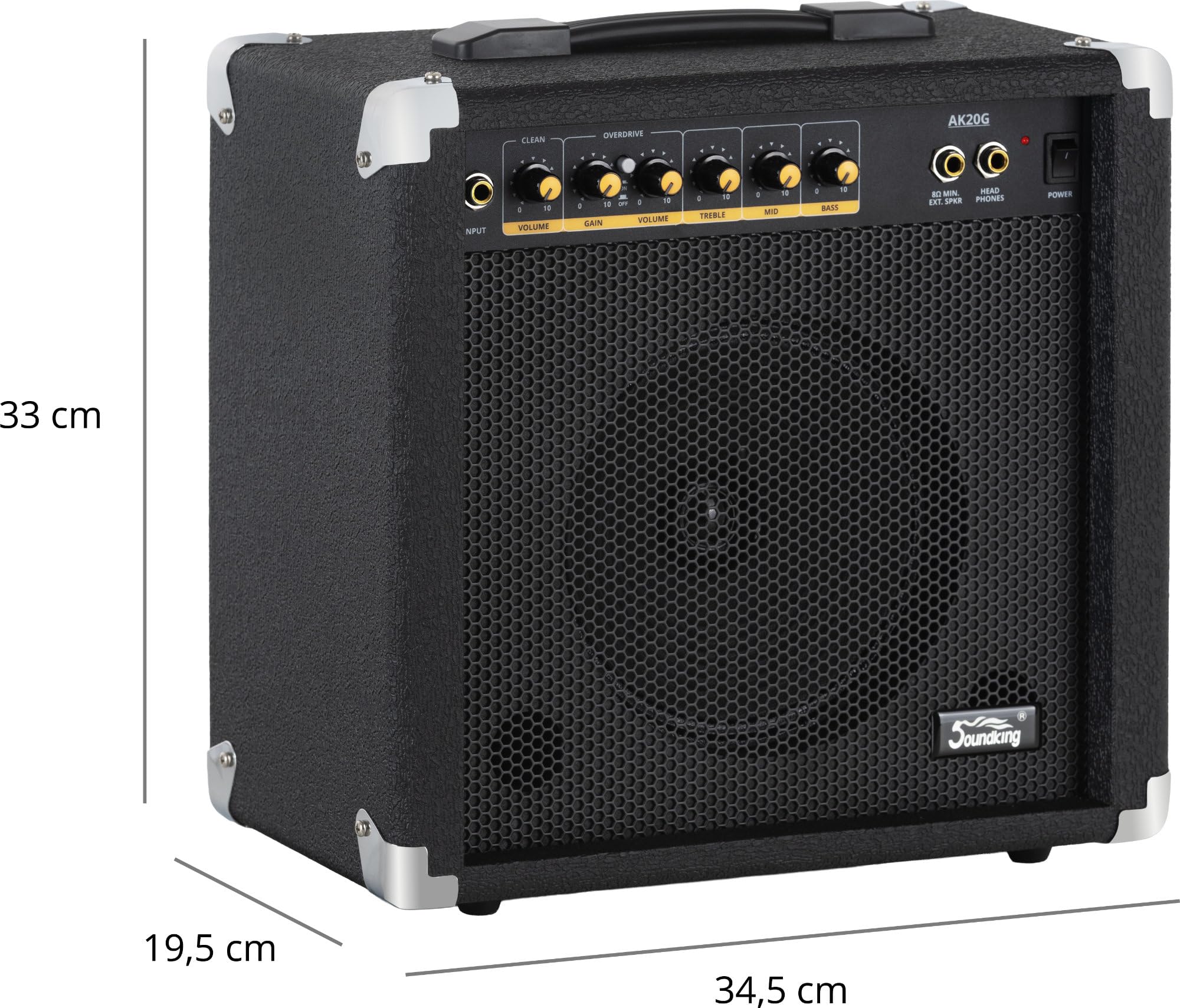 Amplificador Guitarra Soundking AK20-G 60W, Ecualizador 3 Bandas, Altavoz 8", 2 Canales, Salida Auriculares y Altavoz, Ideal Principiantes, Esquinas Protectores Extra Resistentes.
