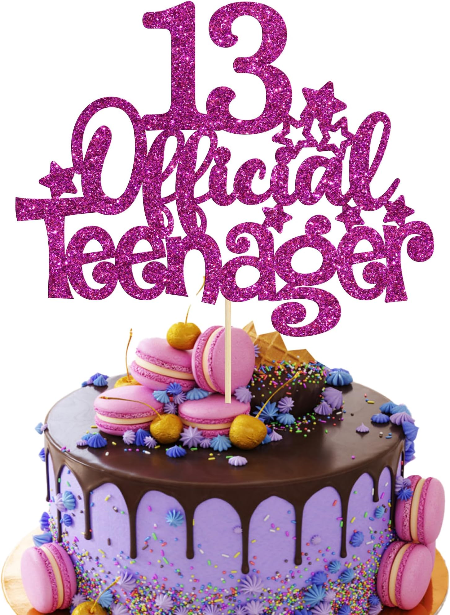 Gyufise 1Pcs 13 Official Teenager Cake Topper Glitter Happy 13th Birthday Cake Pick Decorations for Teen Cheers to 13 Years Birthday Party Supplies Purple