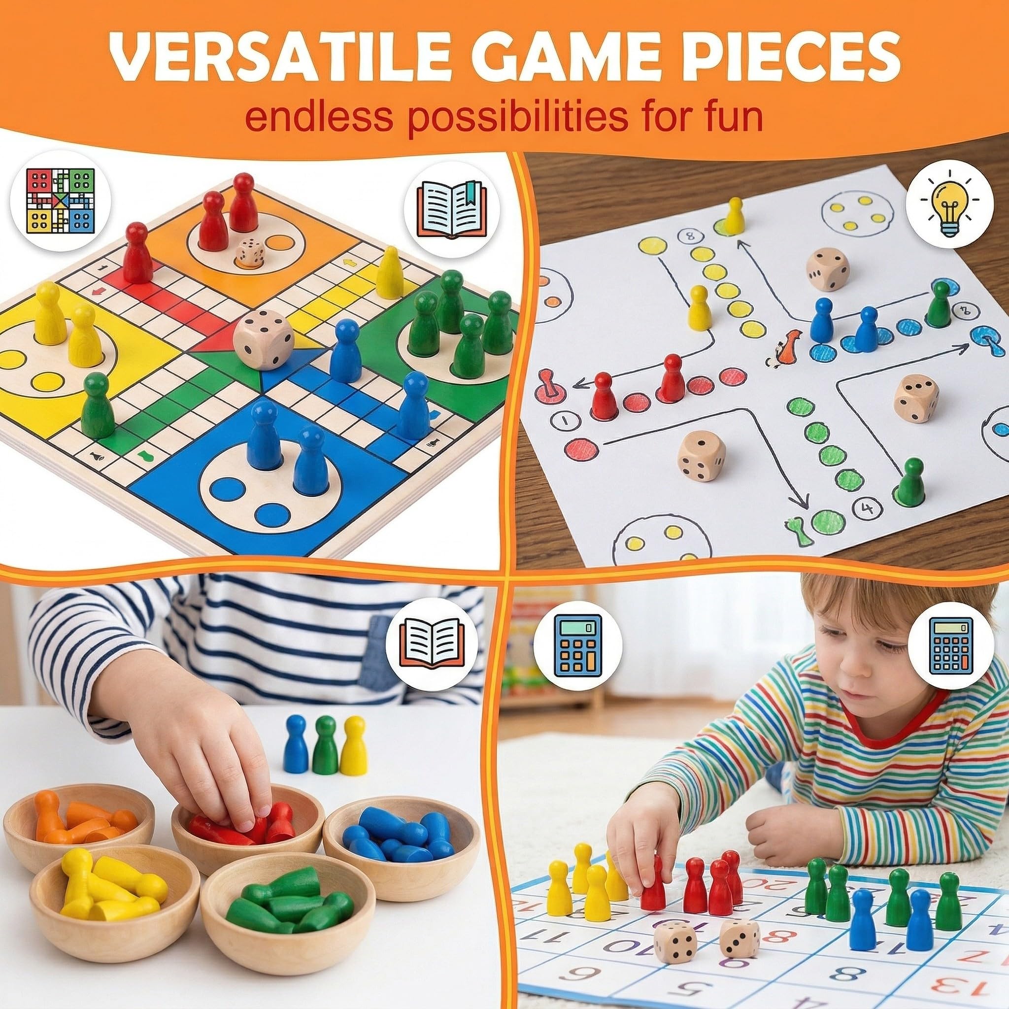 48PCS Pedine Gioco da Tavolo + 6PCS Dadi Dadi da Gioco in legno, Set di Pedine Colorate Personaggi Cono in Legno per Giochi Tavolo, Adatto ai bambini, Dadi da Gioco 14 mm