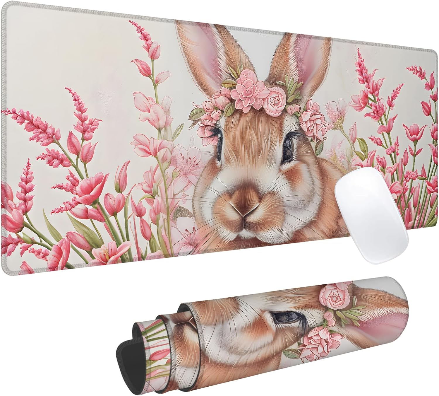 Floral Bunny Gaming Mouse Pad, Office Desk Mat, Anti-Slip Rubber Base Cool Aesthetic Mouse Pads for Computer Laptop Keyboard School Home Desktop Gamer Home Accessories Decor 31.5" x 11.8"