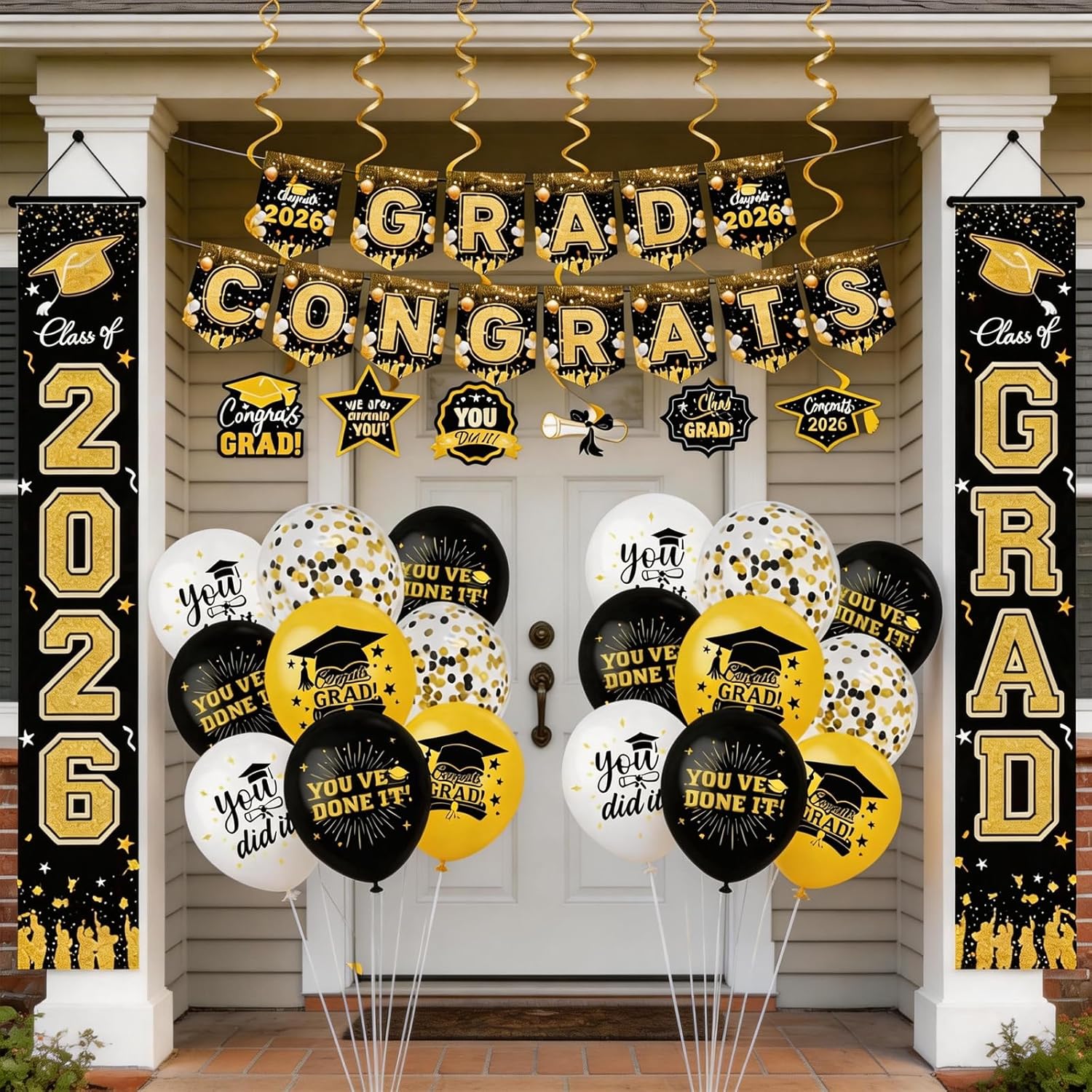 2026 Graduation Decorations Party Supplies Set Congrats Grad Black Gold Banner Tablecloth Balloons Plates Cups Napkins Hanging Swirls Porch Door Sign (Black)
