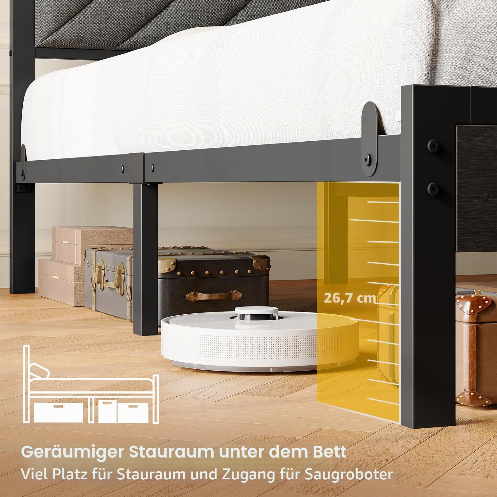 Seventable Bett 140x200 mit LED, Ladestation (2 USB-Anschlüsse & 1 Typ-C-Anschluss), Metallbett mit Gepolstertem Kopfteil & Stauraum, Doppelbett für Schlafzimmer
