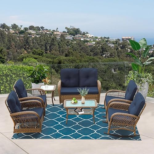 Miniatura 62 de VIVIJASON Silla mecedora de mimbre para exteriores, 2 piezas, sillas mecedoras de ratán para patio con cojines y marco de acero, muebles de mimbre