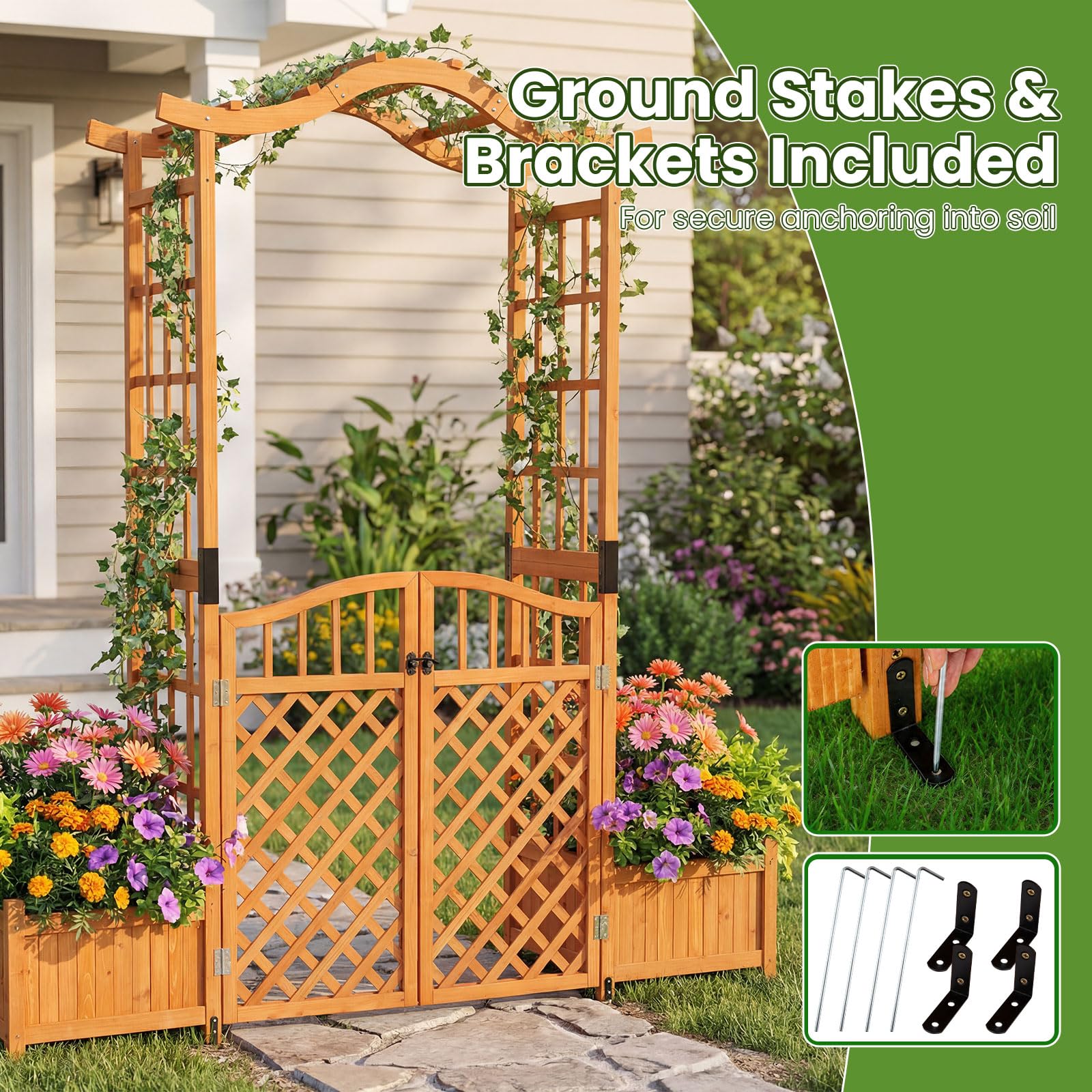 COSTWAY Rosenbogen mit Tür & 2 Blumenkästen, Gartenbogen Holz, Torbogen Garten, Rankbogen mit Pflanzkasten für Kletterpflanzen, Rankhilfe Rankgitter Rundbogen, Tannenholz, 185 x 46 x 210 cm, Natur