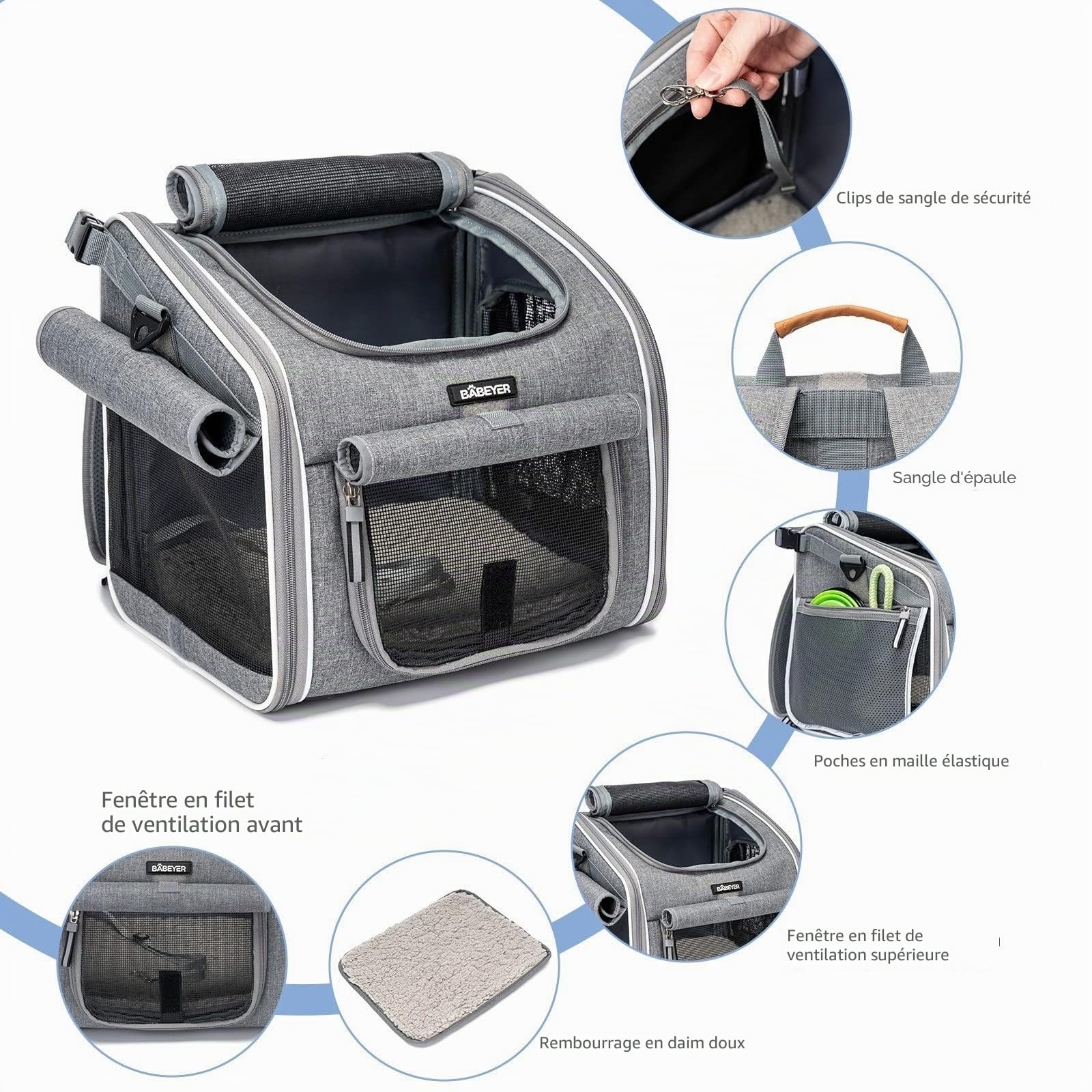 Panier de vélo pour chien, sac à dos de transport souple extensible avec 4 portes ouvertes, 4 fenêtres en maille pour petits chiens, chats, chiots, gris