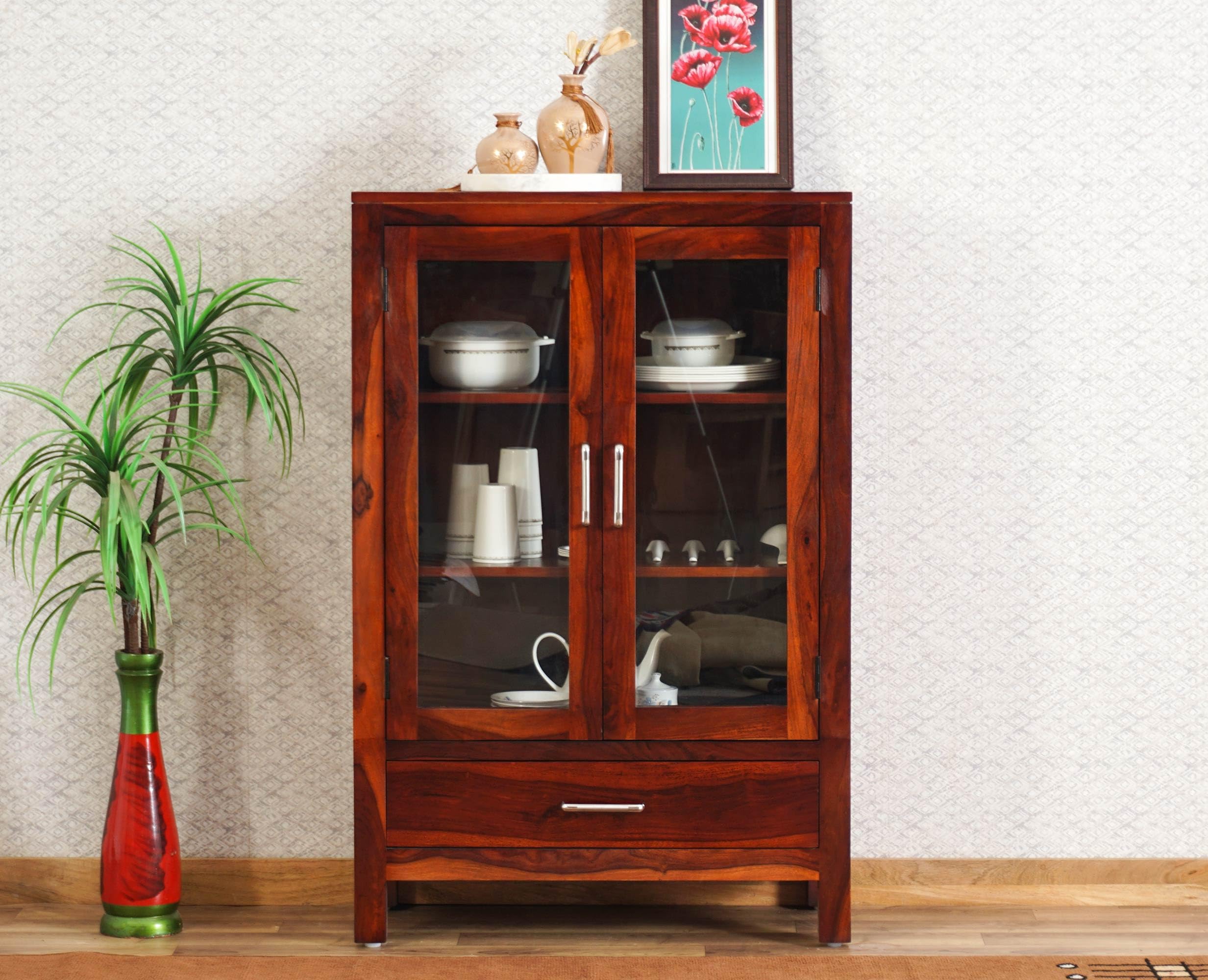 Solid Wood Crockery Unit Kitchen Medium Storage Crockery Cabinet Sheesham Wood+Glass || KitchenCabinet (Maple 2 Door)-image-43
