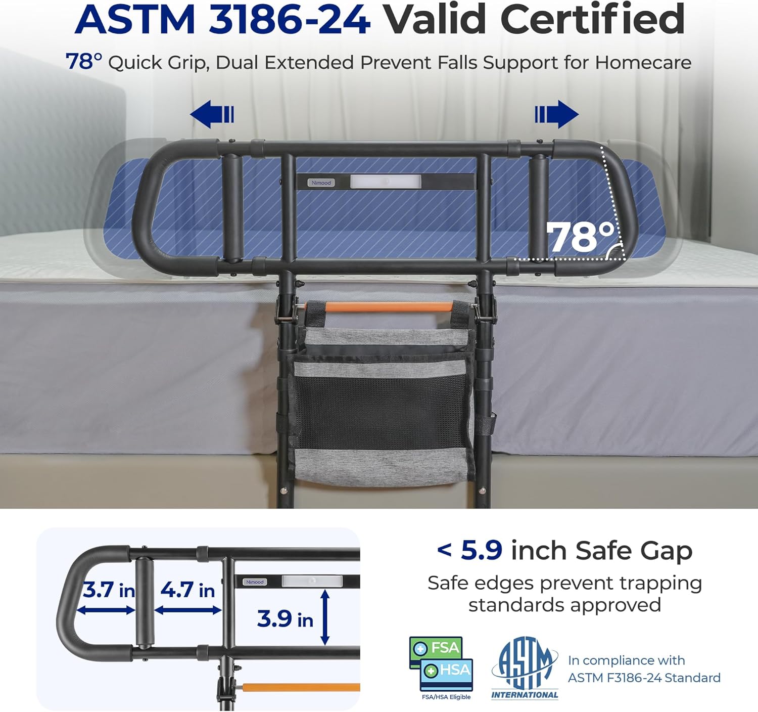 C5 Pro Bed Rails for Elderly Adults Safety - Foldable Bed Assist Rail with Adjustable Height, Bed Cane with Non-Slip Wider Handrail