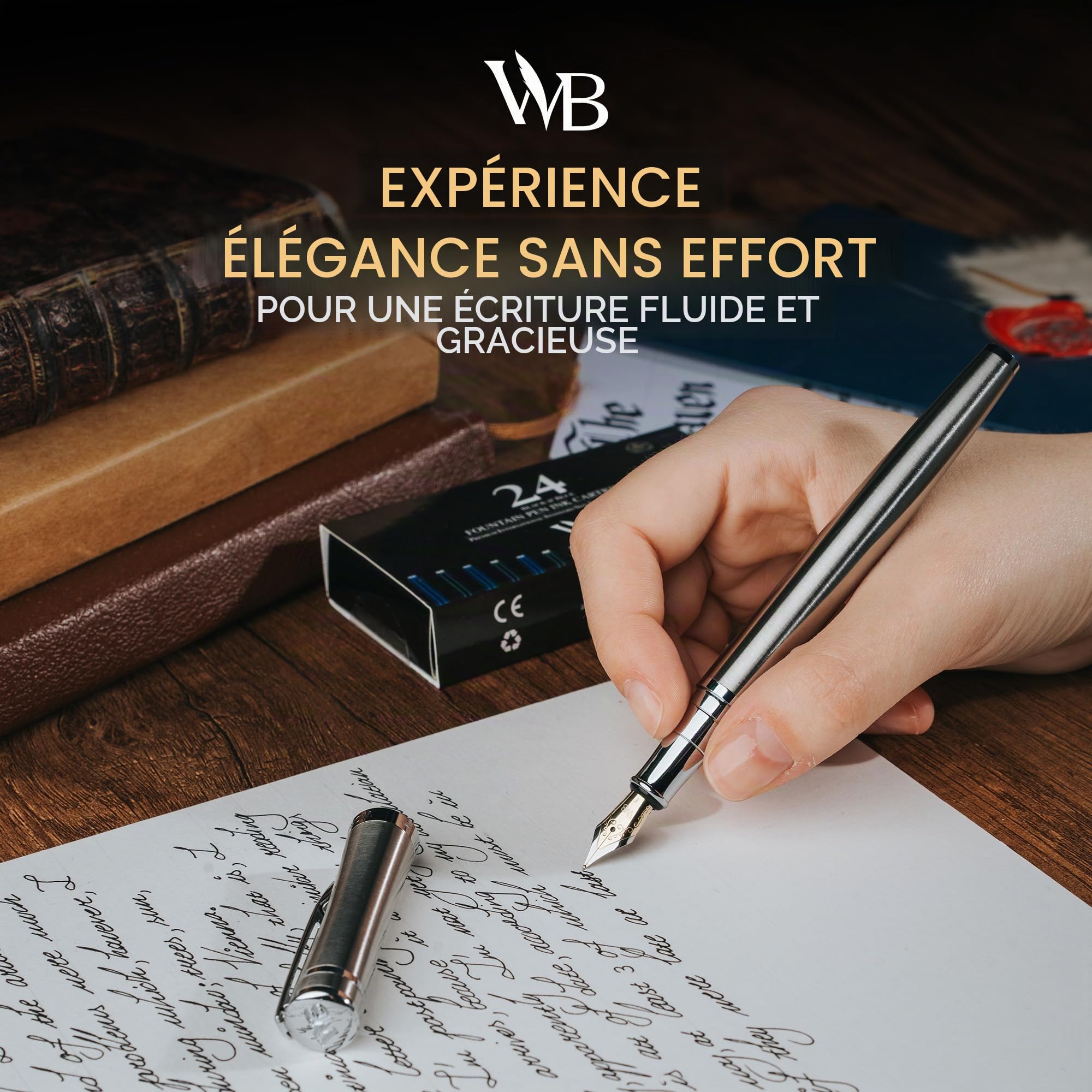 Wordsworth & Black Kit stylo plume, Plume moyenne, Comprend 24 cartouches d'encre et convertisseur de recharge d'encre, Coffret cadeau, Journalisation, Calligraphie, [Chrome argenté]
