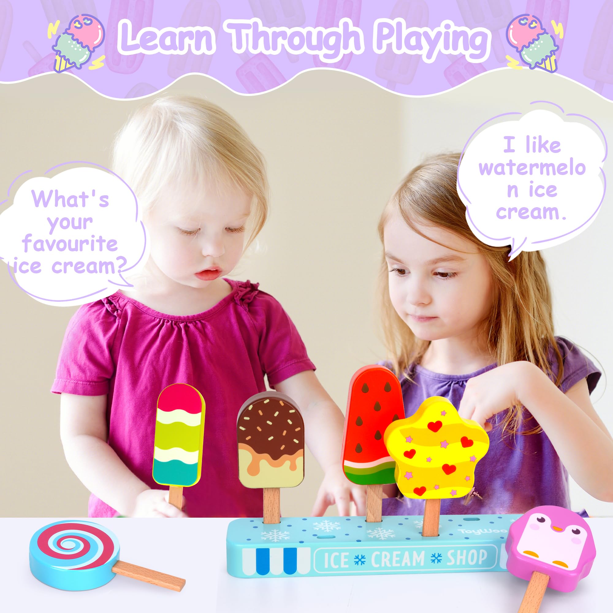 Gelateria giocattoli in legno per bambini da 3 anni ragazzi ragazze, bambini, accessori cucina per bambini, accessori cucina gioco in legno, gelateria spesa in legno per bambini, giocattoli Montessori