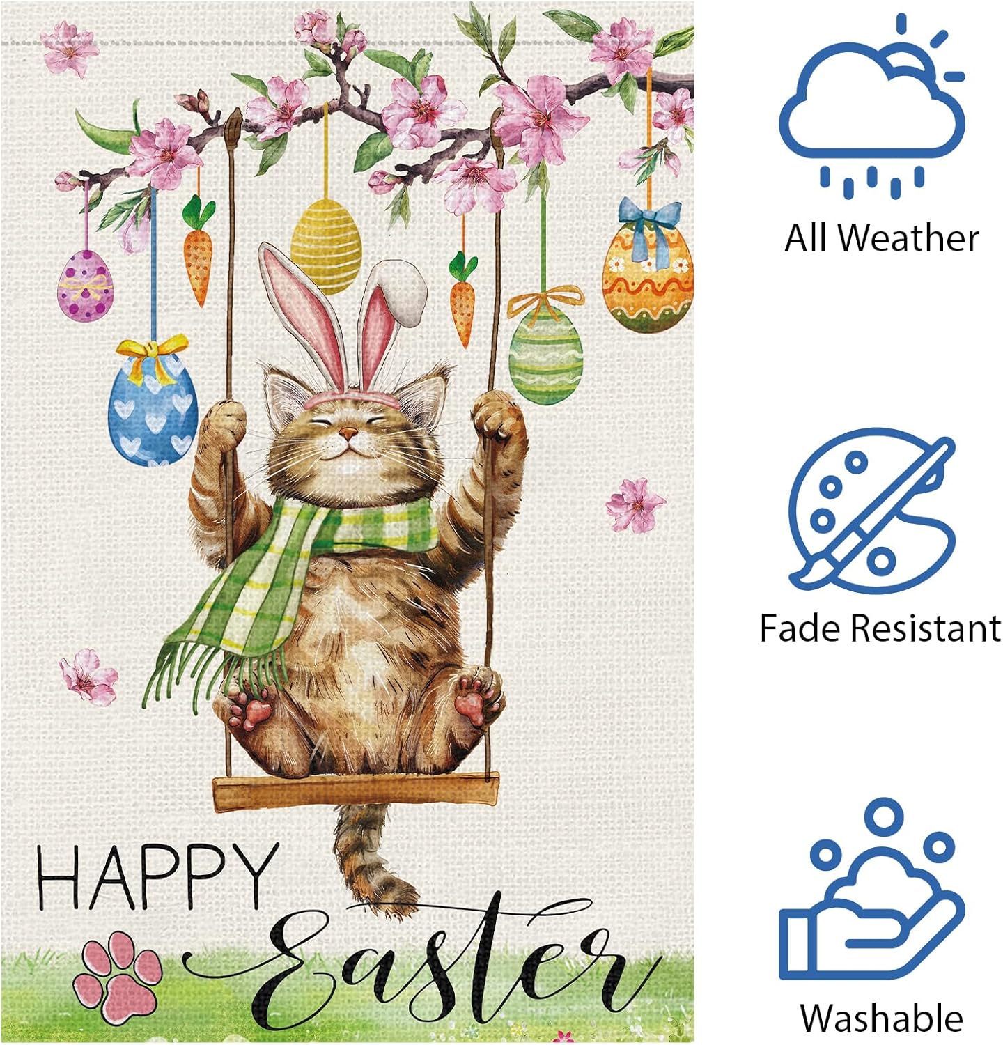 Heyfibro Happy Easter Cute Cat Garden Flag 12x18 Double Sided Burlap, Spring Summer Magnolia Flower Easter Egg Small Yard Banner for Seasonal Holiday Farmhouse Yard Outdoor Decor(ONLY FLAG) - Image 5