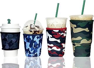 Baxendale Iced Coffee Sleeves for Cold Drink Cups - 4 Pack Reusable Neoprene Iced Coffee Cup Sleeve for Cold Drinks, Compatible with Starbucks Dunkin and more (4 PK XS/S/M/L, Camo #1)