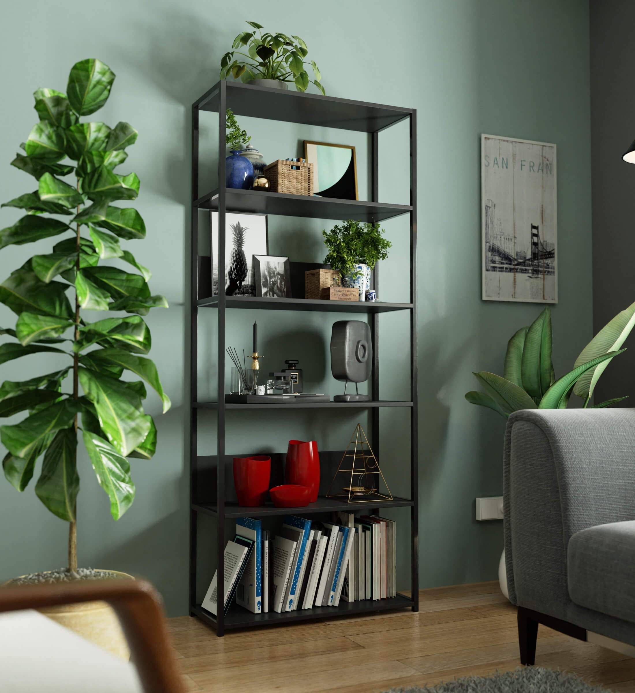 AKORD Libreria Industrial Style a 6 Ripiani 80 cm | Libreria Ferro e Legno | Aperto | Struttura a Scaletta | Scaffali autoportanti per Ufficio, Cucina, Bagni, Soggiorni | Biblioteca Nero