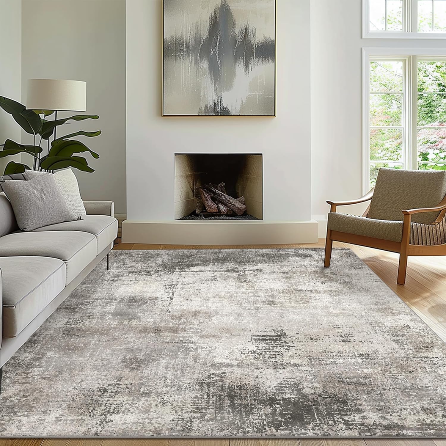Area Rugs 8x10 Machine Washable Rug for Bedroom Living Room Dining Room, Large Modern Abstract Soft Rugs, Indoor Low Pile Carpet with Non Slip Rubber Backing, Abstract Gray
