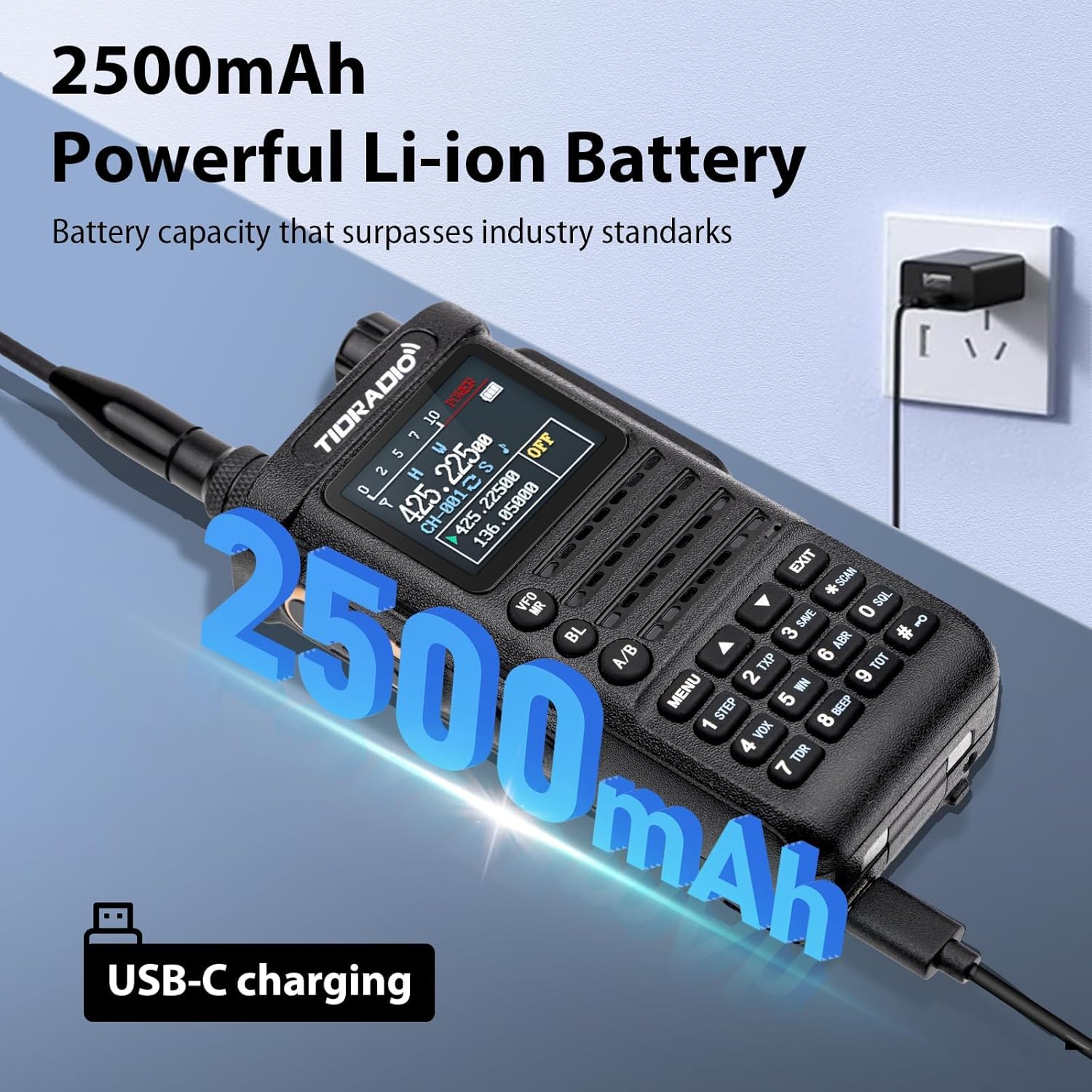 TIDRADIO TD-H8 radio being charged via USB-C cable, highlighting its 2500mAh battery capacity.