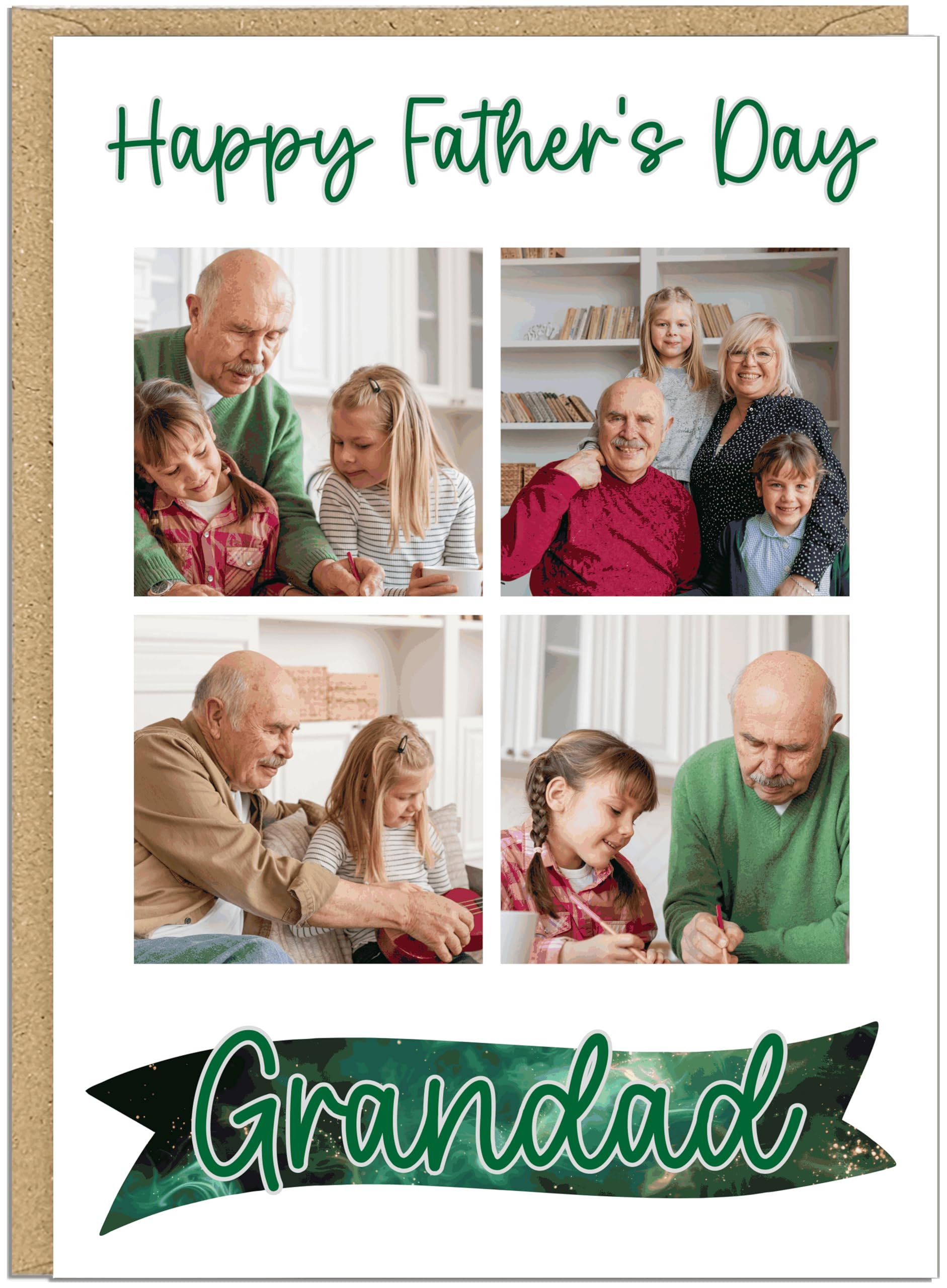 Personalised Add Own Photo Fathers Day Card 4 Photos - Happy Father's Day - Custom Name - 7 Colour Options - Dad, Daddy, Grandad Celebration Picture Card (Green)