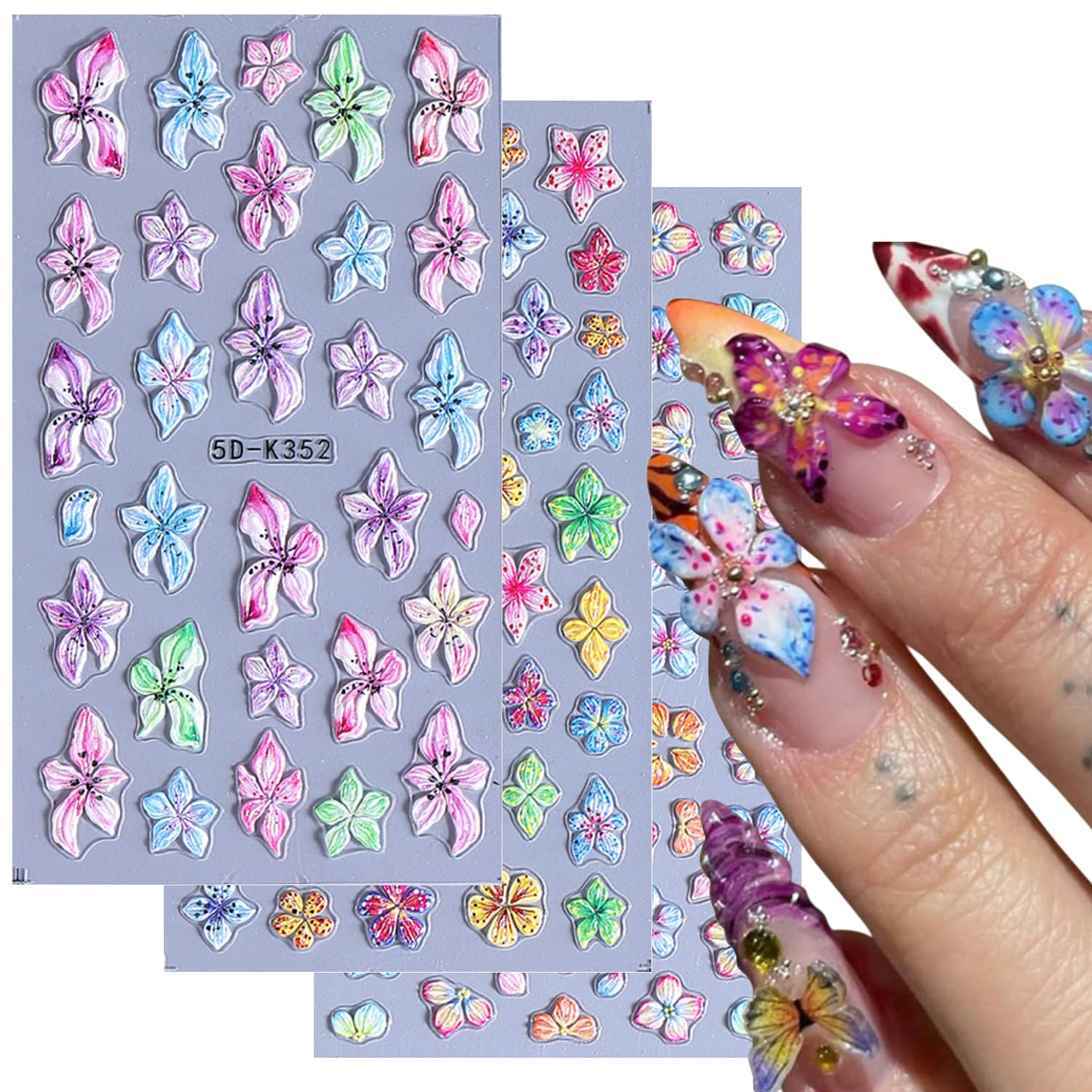 3 Sheets Colorful Flowers Nail Art Stickers Decals Spring Summer 5D Embossed Nail Stickers Pink Blue Green Orange Yellow Floral Nail Decals Supplies