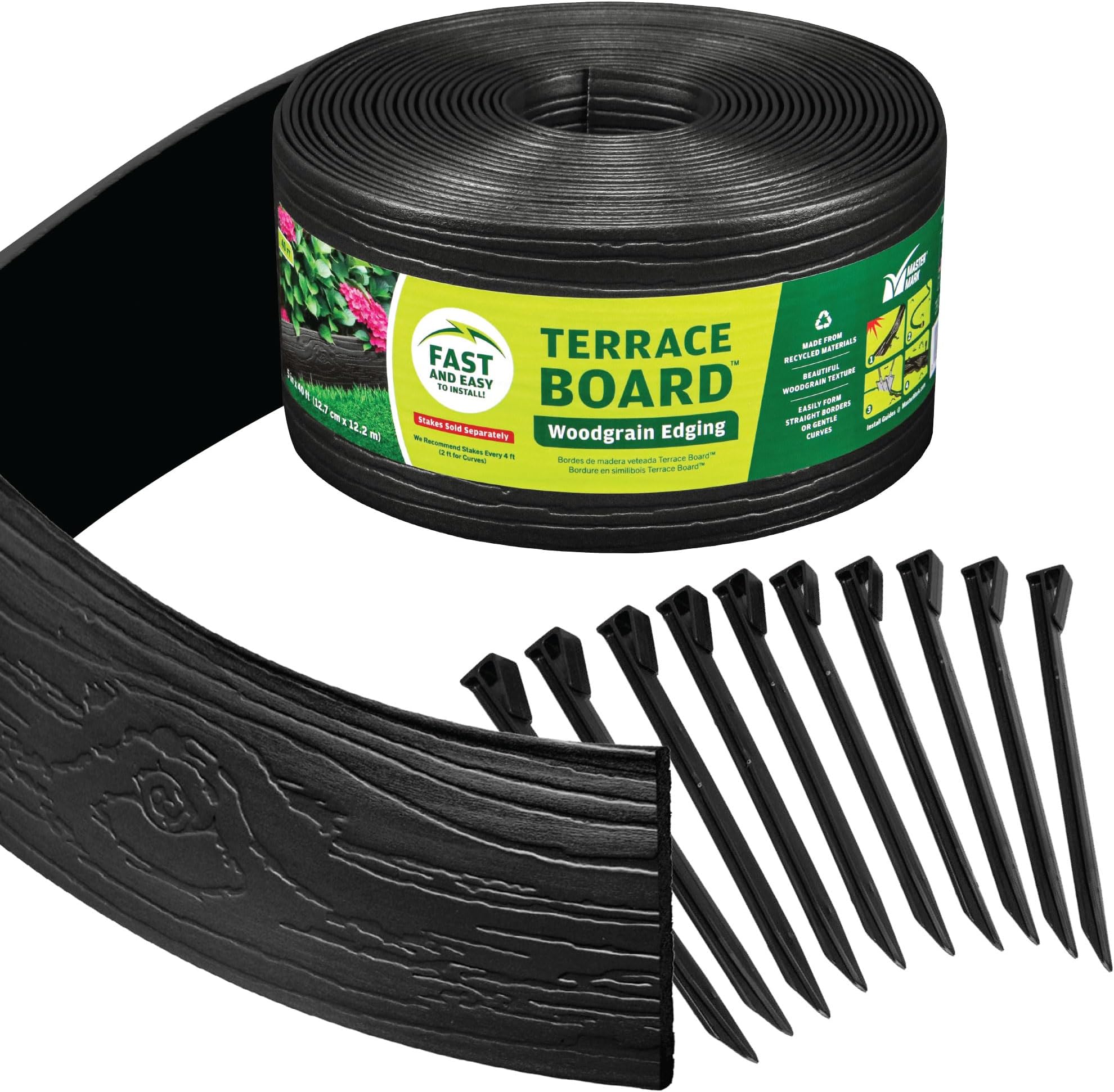 Terrace Board, Landscape Coiled Edging, Grass Barrier, Bender Board, Flower Bed, Vegetable Garden Borders 5 in. x 40 ft. with 10 Stakes (Black)