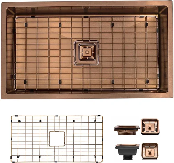 Strictly Sinks 32 Inch Undermount Single Bowl Kitchen Sink – Copper Kitchen Sink Designer Shelf Accessory 16 Gauge Stainless Steel – With Bottom Grid, 1 Strainer Square Drain & 1 Disposal Adapter