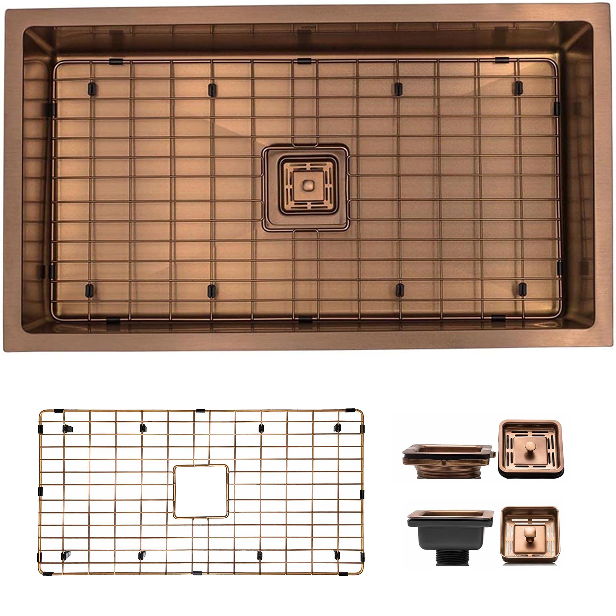 S STRICTLY KITCHEN + BATHSinks 32 Inch Undermount Single Bowl Sink – Copper Sink Designer Shelf Accessory 16 Gauge Stainless Steel – With Bottom Grid, 1 Strainer Square Drain & 1 Disposal Adapter
