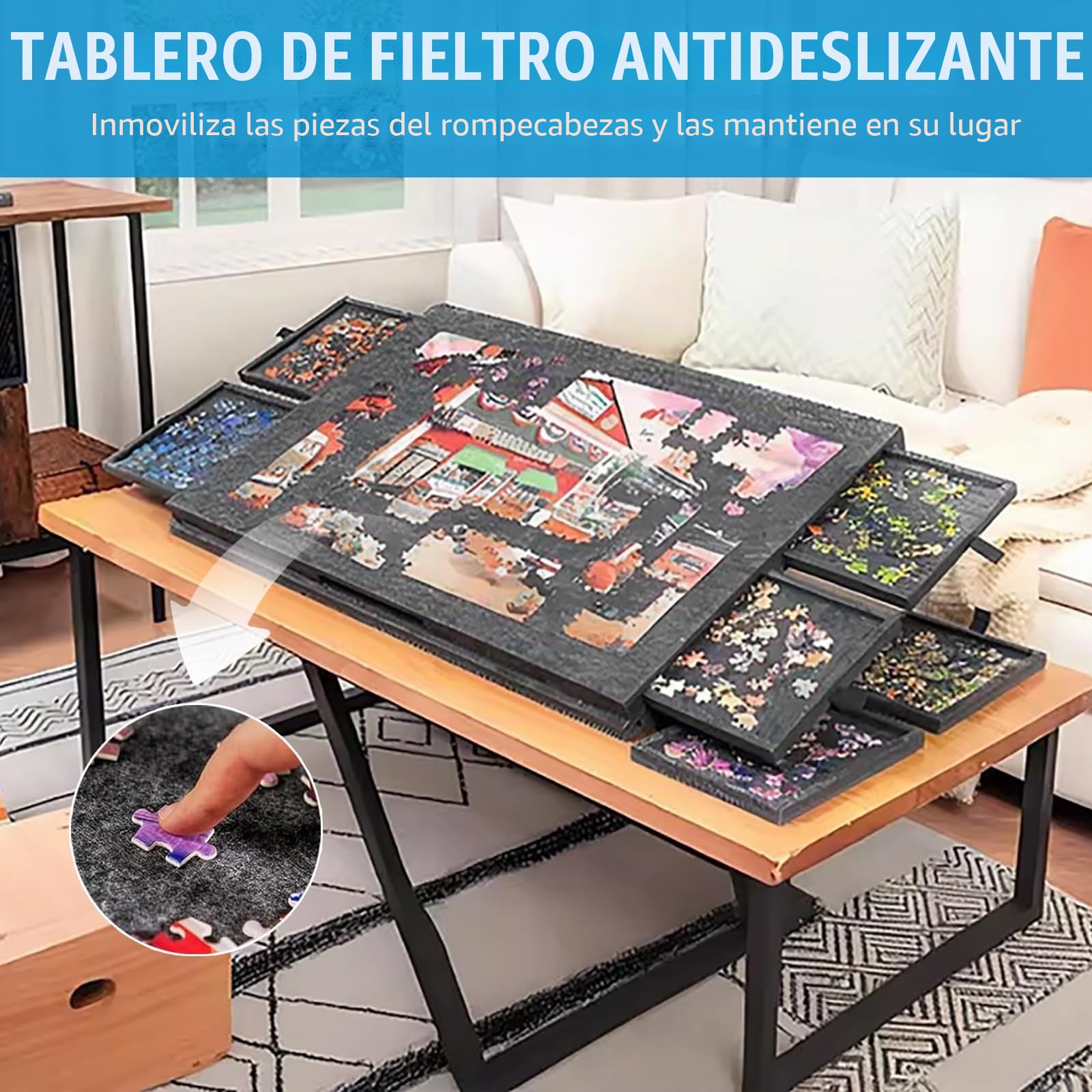 Mesa Inclinable para Puzzles con 6 Cajones y Cubierta - Tablero Ligero de Fieltro para Hasta 1000 Piezas - Con Soporte 2 en 1 y Asa de Transporte - Ideal para Adultos y Amantes de los Puzzles