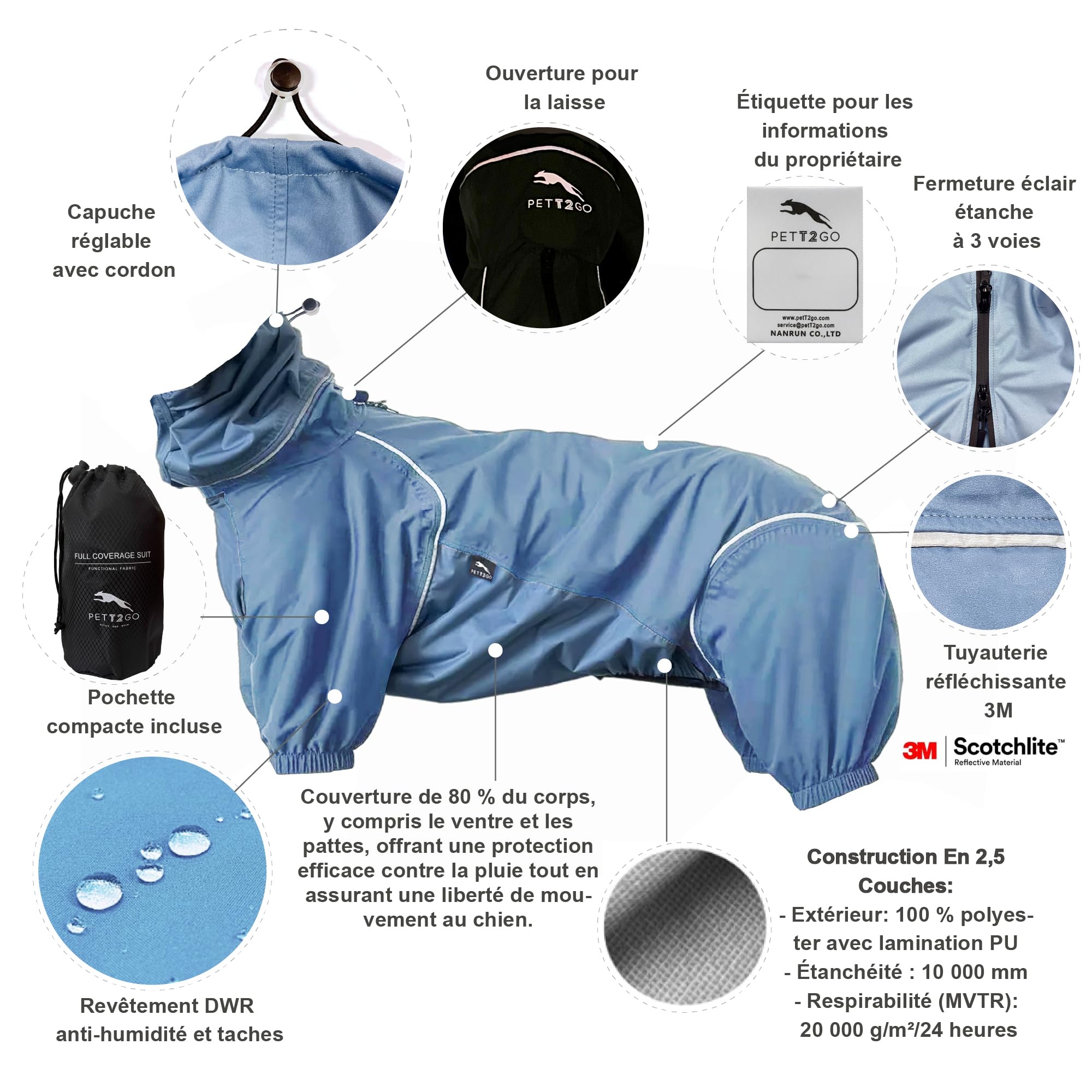 Manteau De Pluie Respirant pour Chien, Manteau avec Jambes, à Capuche, Passepoil Réfléchissant, Compactable (Silence de la Brume, S)