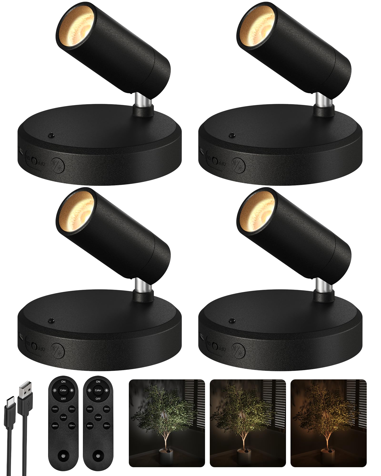 EZVALO Spotlights Indoor with Remote,5500mAh Rechargeable Picture Lights, Wireless LED Uplighting with Timer＆Dimmable, 3CCT,Mini Plant Spot Lights for Painting,Artwork,Accent Lighting(4Pack-Black)