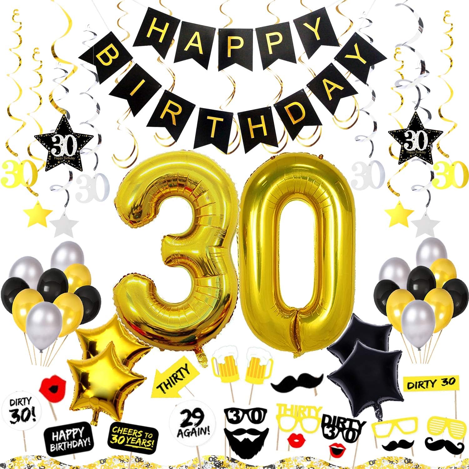 30th Birthday Decorations Kit 75 Pieces - Happy Birthday Banner, 40-Inch 30 Gold balloons, Sparkling Hanging Swirls, Photo Booth Props, Confetti for Table Decorations, Birthday Plan Checklist