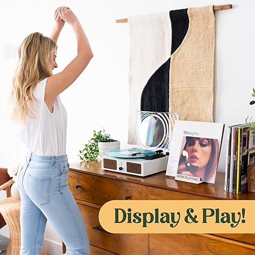 Vista 12 de Now Playing - Soporte de disco de vinilo de madera para álbumes y decoración de discos, soporte de vinilo giratorio para tocadiscos y accesorios