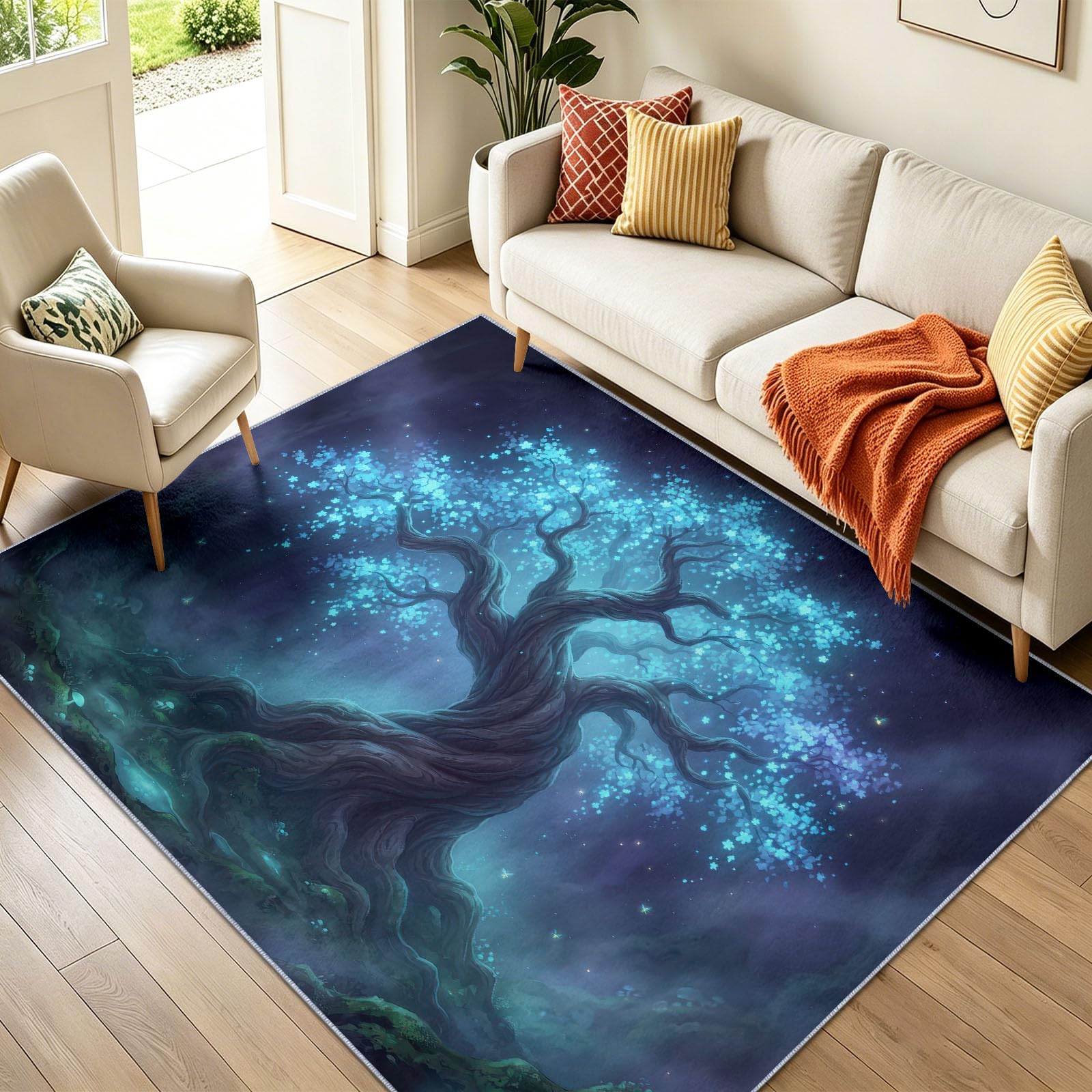 Tapis de Salon 160 x 230 cm, Bleu Onirique Forêt Poil Ras Tapis
