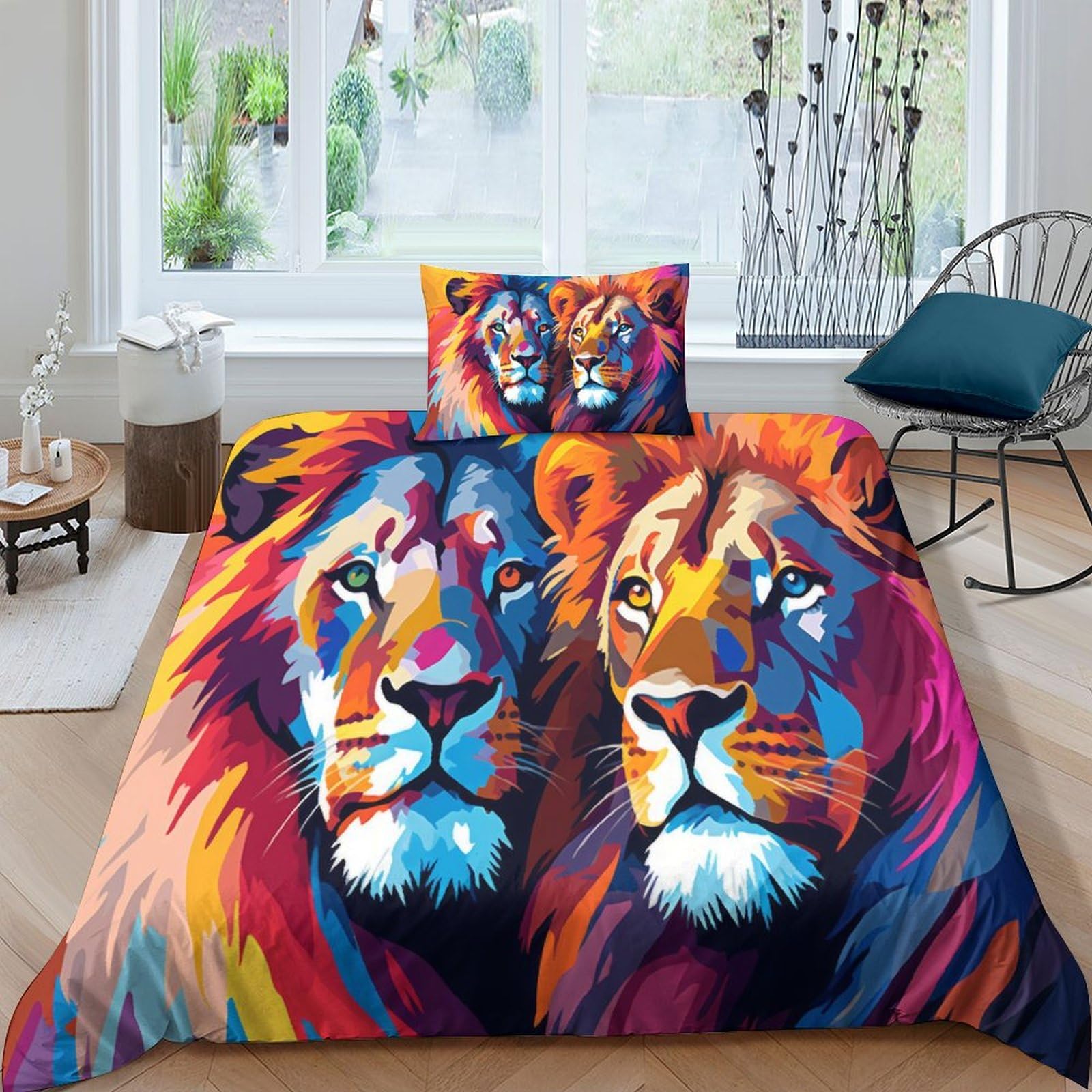 Housse de couette lion 3D 135x200cm avec 2 taies d'oreiller pour lit simple