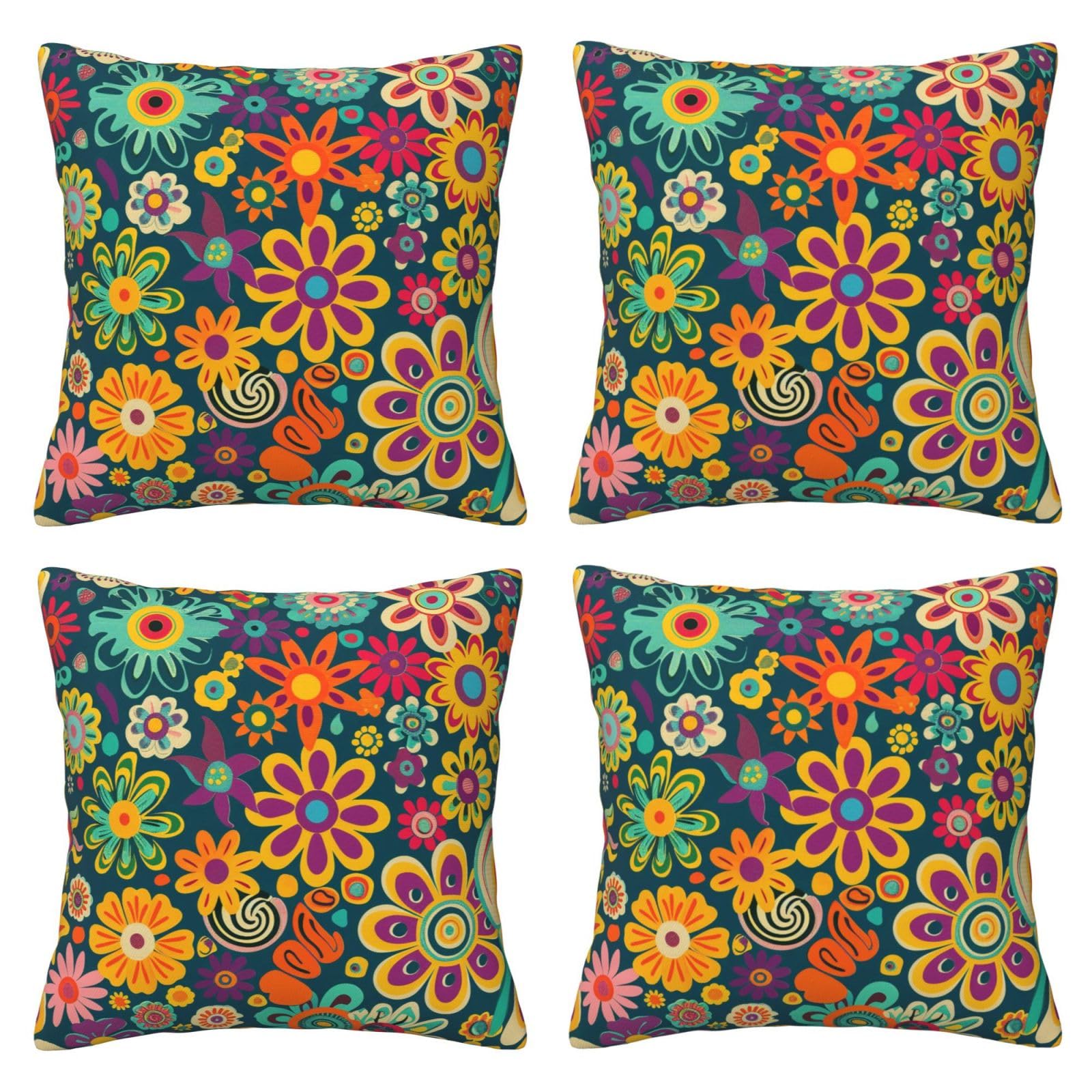 Hippie Pattern Throw Pillow Cases 4 Pack Square Pillowcases Super Soft Pillow Protectors With Zipper for Couch Livingroom Sofa Bed Office Car,40x40 CM