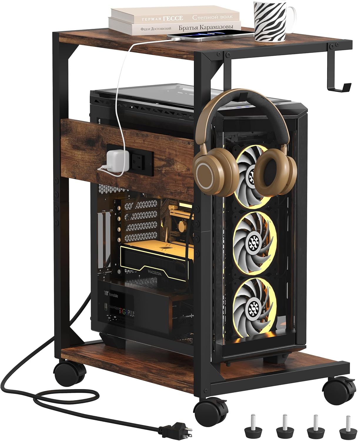 2 Tier Computer Tower Stand with Charging Station, 11.8" D x 16.5" W Rolling Floor PC Tower Stand Fits Under Desk, CPU Holder Cart for Carpet with Hooks, C Shaped End Table for Home Office