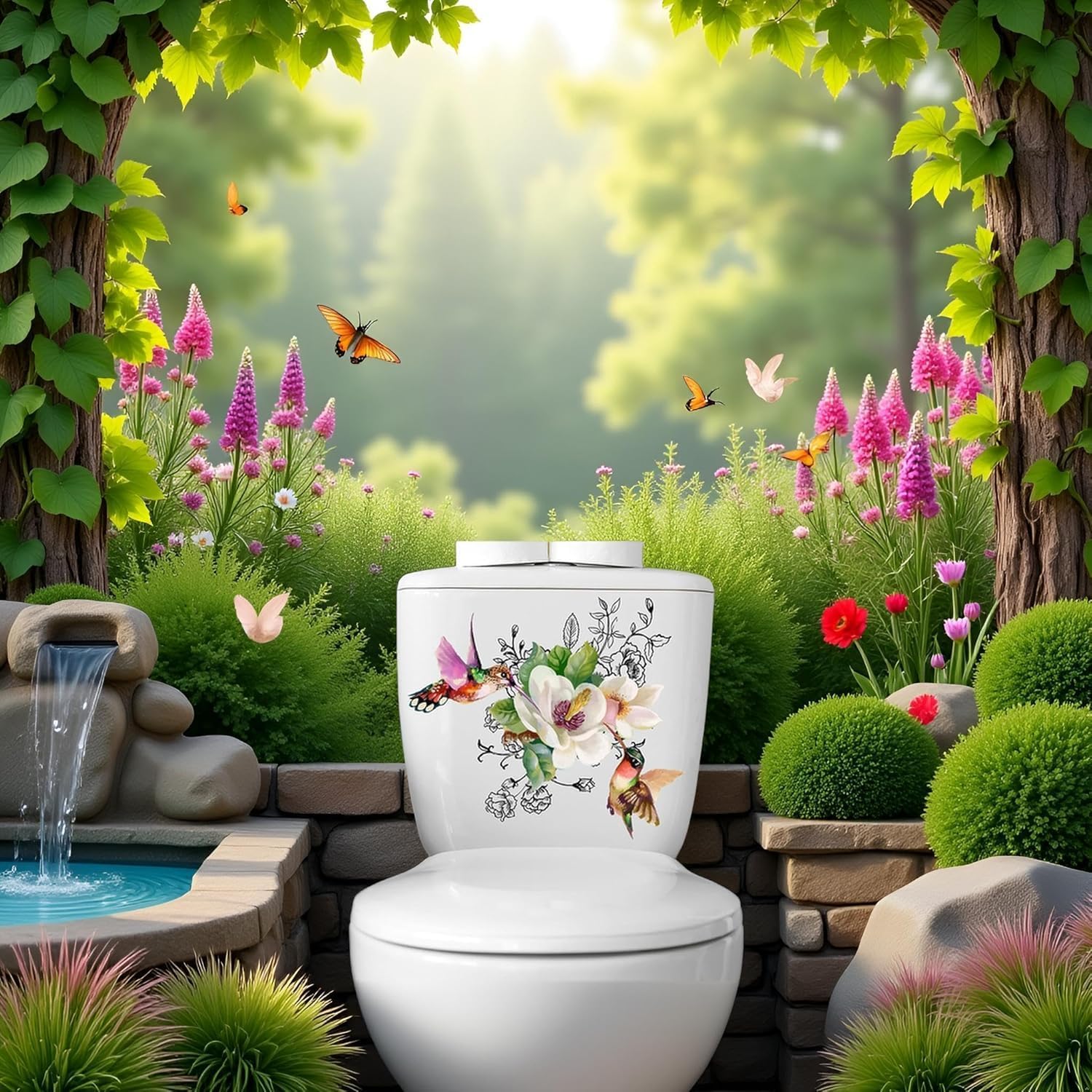 Toilet Seat Lid Stickers, Floral Birds Butterfly Design, Self Adhesive Bathroom Decals, DIY Removable Waterproof Stickers for Bathroom Decor