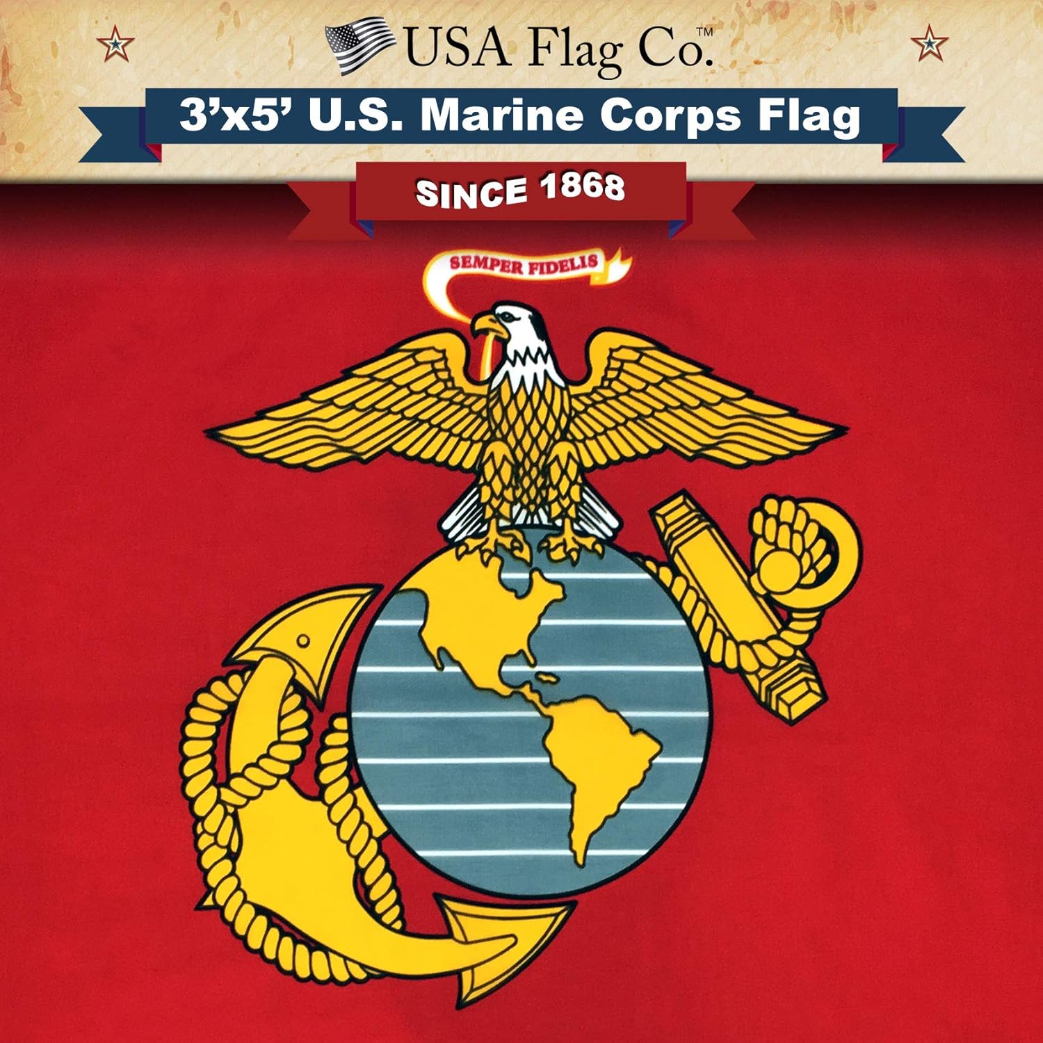 USA Flag Co. Marine Corps Flag 3x5 Outdoor USMC Flag, 100% American Made, Scarlet, Gold and Gray