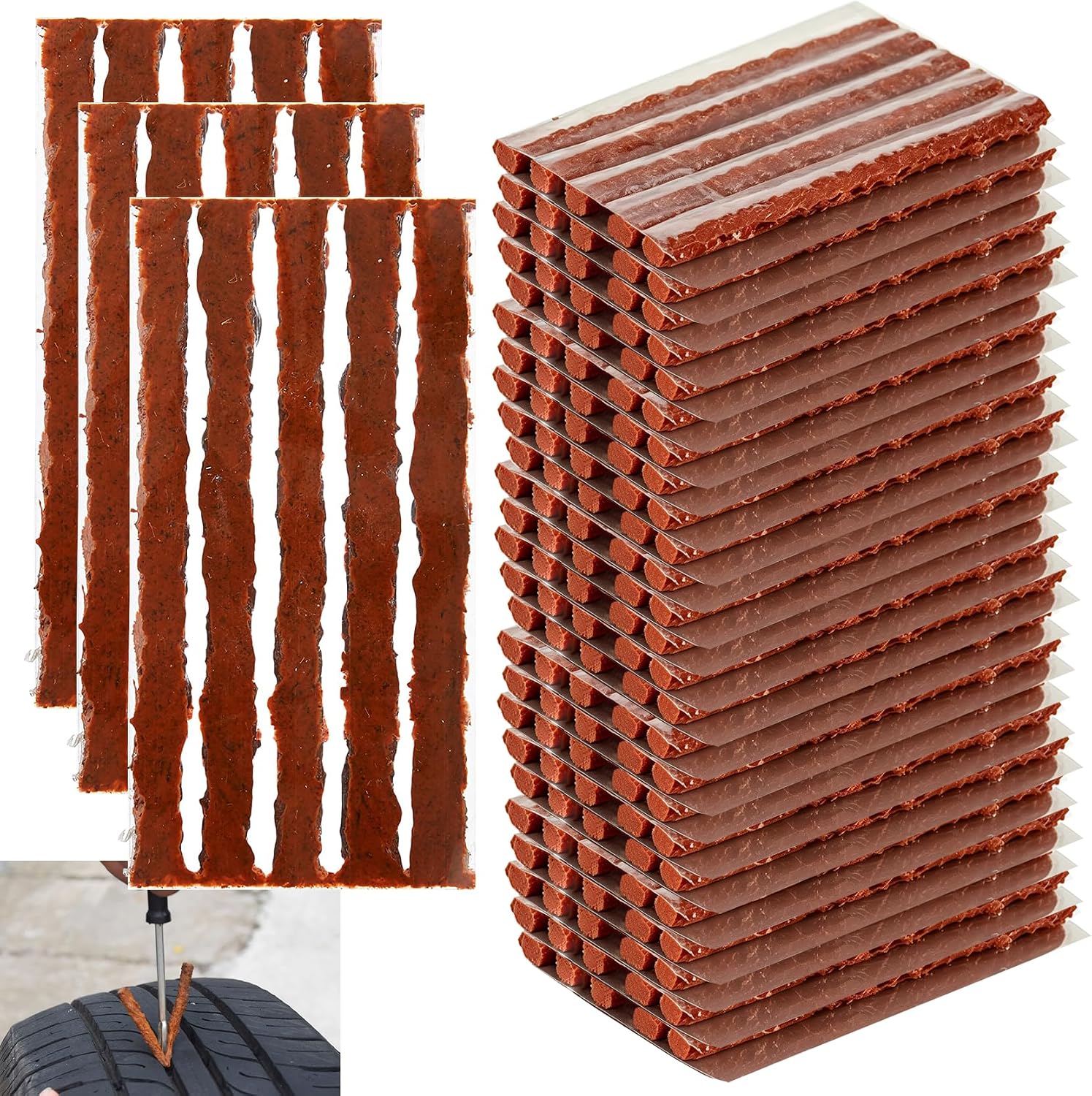 140PCS Brown Tire Repair Plugs, 4 Inch Heavy Duty Tire Repair Strings for Tubeless Tires, Self-Adhesive Rubber Quick Tire Repair Strips Kit for Car, RV, SUV, ATV, Motorcycle, Truck, Tractor