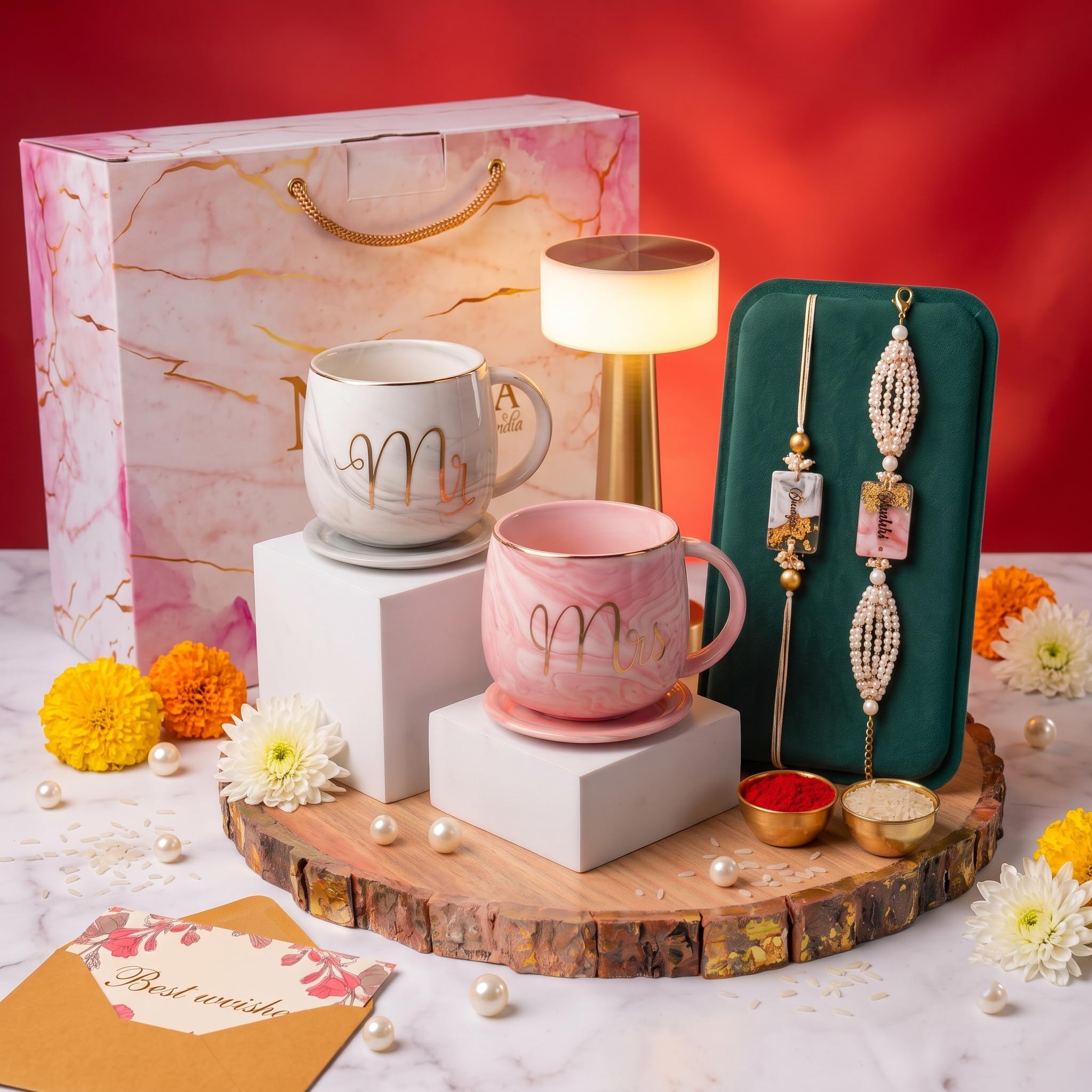 NYRWANA Coffee Mug 250 ml & Table Lamp 2000mAh Battery Combo, Rakhi for Brother and Bhabhi with Gift, 3 Colour Touch Control, USB-c Charging, Mr & Mrs Set of 2 Coffee Mugs, Lids & Beautiful Gift Box