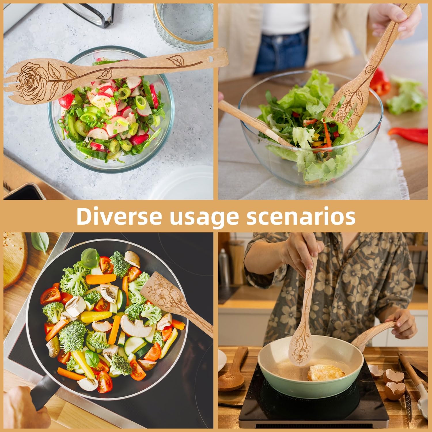 Ensemble De 6 Ustensiles De Cuisine En Bambou Gravés Motif Chat - Spatules Et Cuillères, Cadeau Mignon Pour Cuisiner - 5