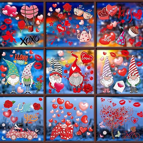 Miniatura 6 de 9 hojas de calcomanías para ventana del día de San Valentín 149 unidades calcomanías románticas de gnomo de San Valentín calcomanías de ventana de