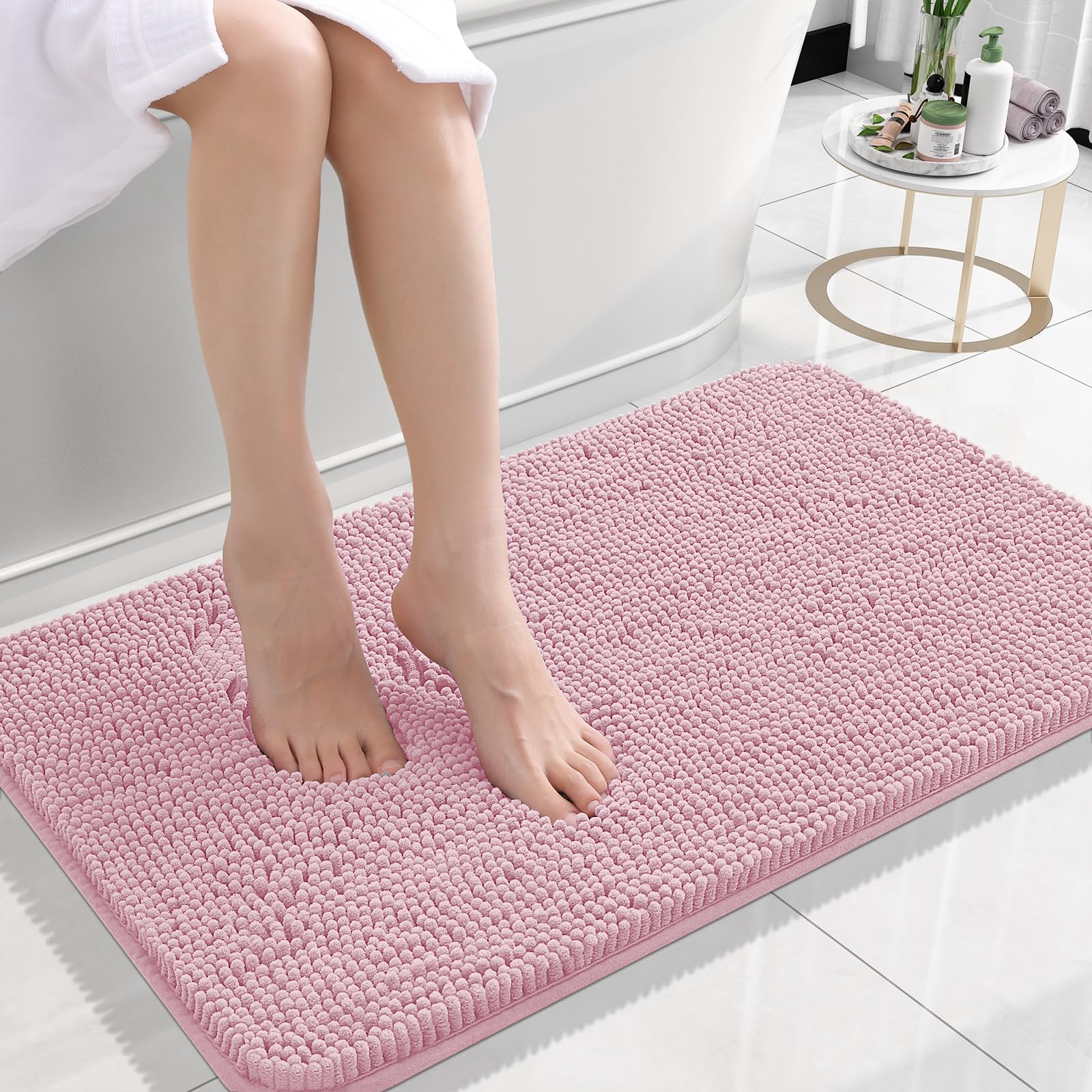 OLANLY Small Bathroom Rugs 24x16, Extra Soft Absorbent Chenille Bath Rugs | Dusty Rose, Quick-Drying Rubber Backing, Machine Washable Bath Mat for Bathroom Floor, Tub and Shower, Home Decor Accessories