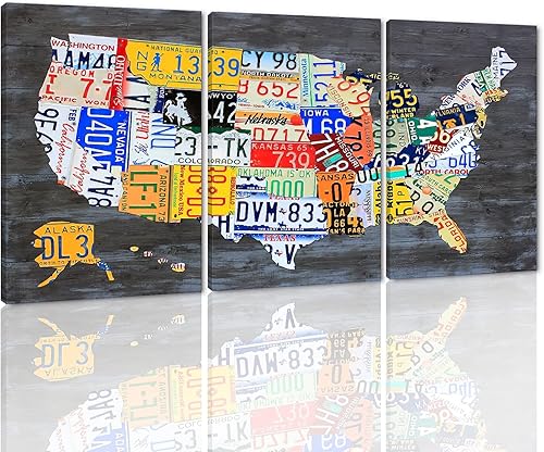 MAMAGO Lienzo decorativo para pared, diseño de mapa de Estados Unidos, 3 paneles, fondo de madera, mapa de Estados Unidos, imagen y póster, arte