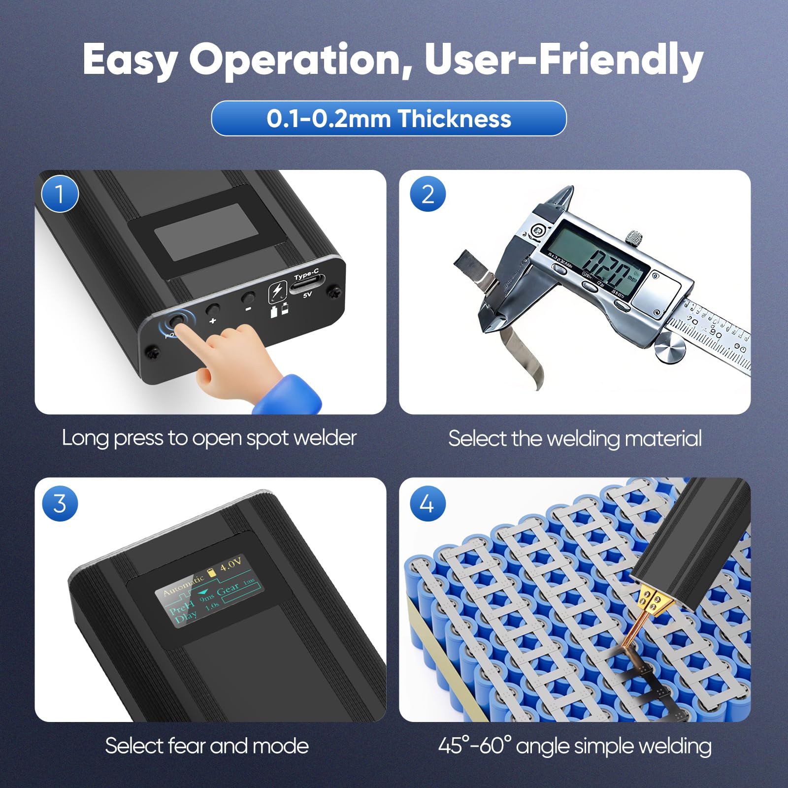Soudeur par Points avec Batterie, Soudeuse par Points,5000 mAh, écran OLED, chargement Type-C, Automatique et Manuel, 80 Vitesses Réglables pour Les Batteries de Bricolage