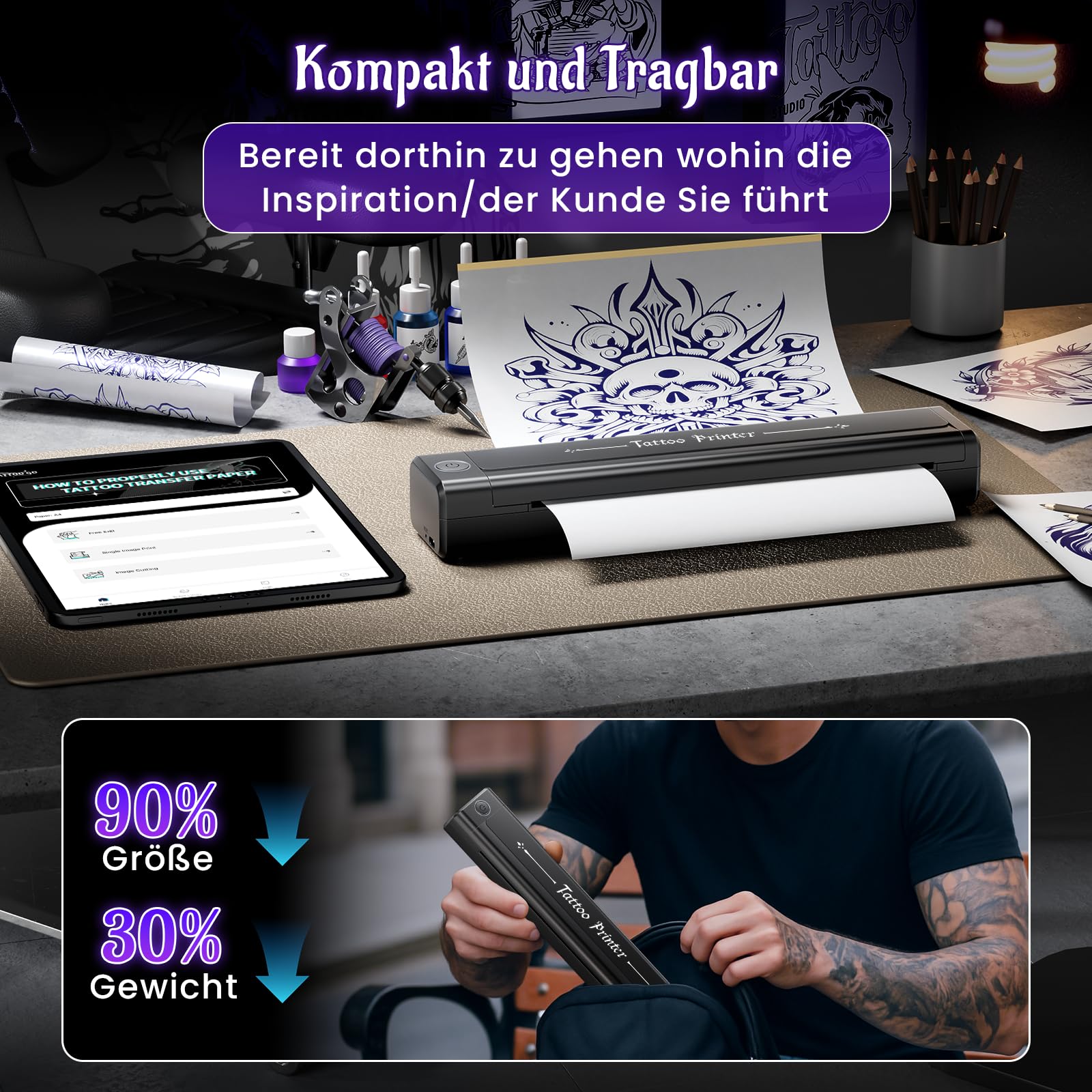 Yowell H1 Tattoo Drucker Bluetooth, Stencil Drucker, Tattoo-Drucker mit 10 Blatt Transferpapier, Tattoo-Stencil-Drucker für Smartphone & PC, Thermodrucker-Tattoo für Künstler und Anfänger, Schwarz